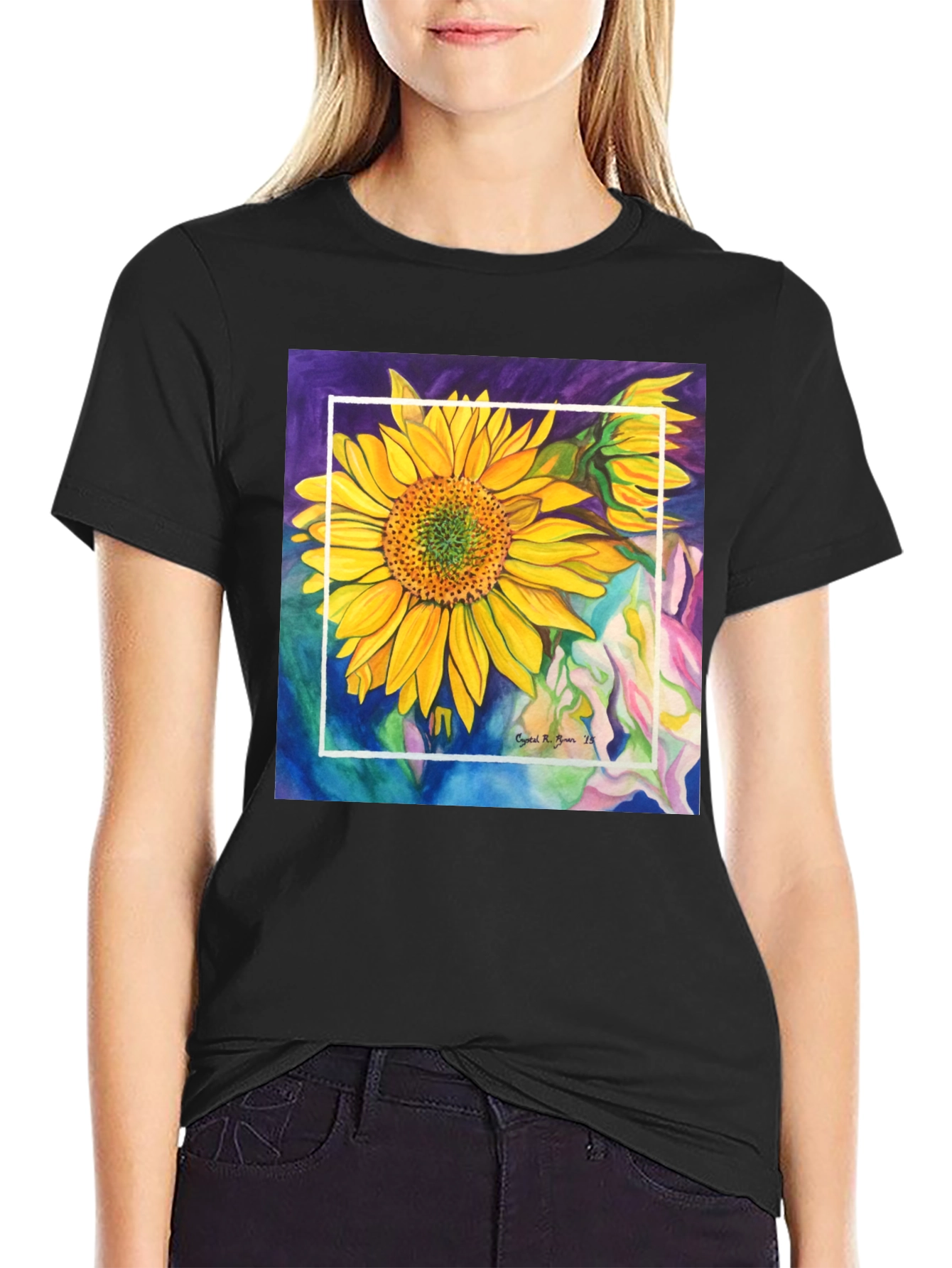 Sunflower Art Graphic Black T-Shirt