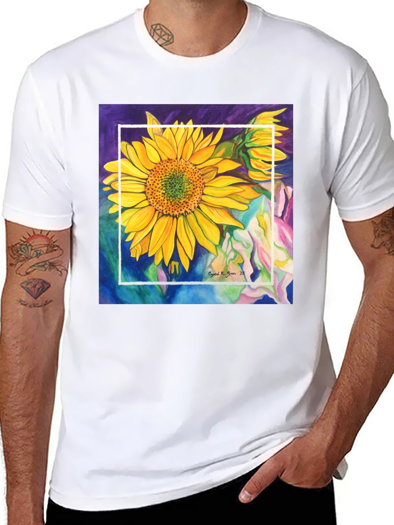 Sunflower Art Graphic Black T-Shirt