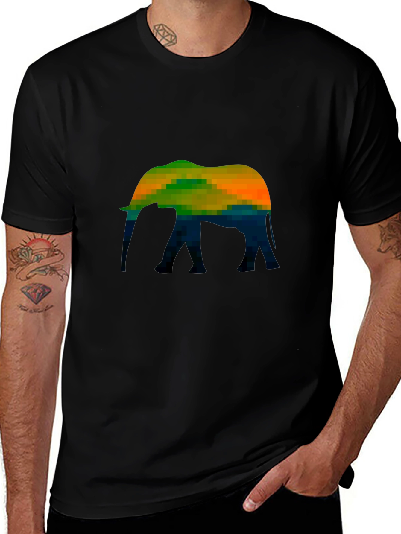 Pixelated Elephant Graphic Tee - Black Cotton Casual T-Shirt