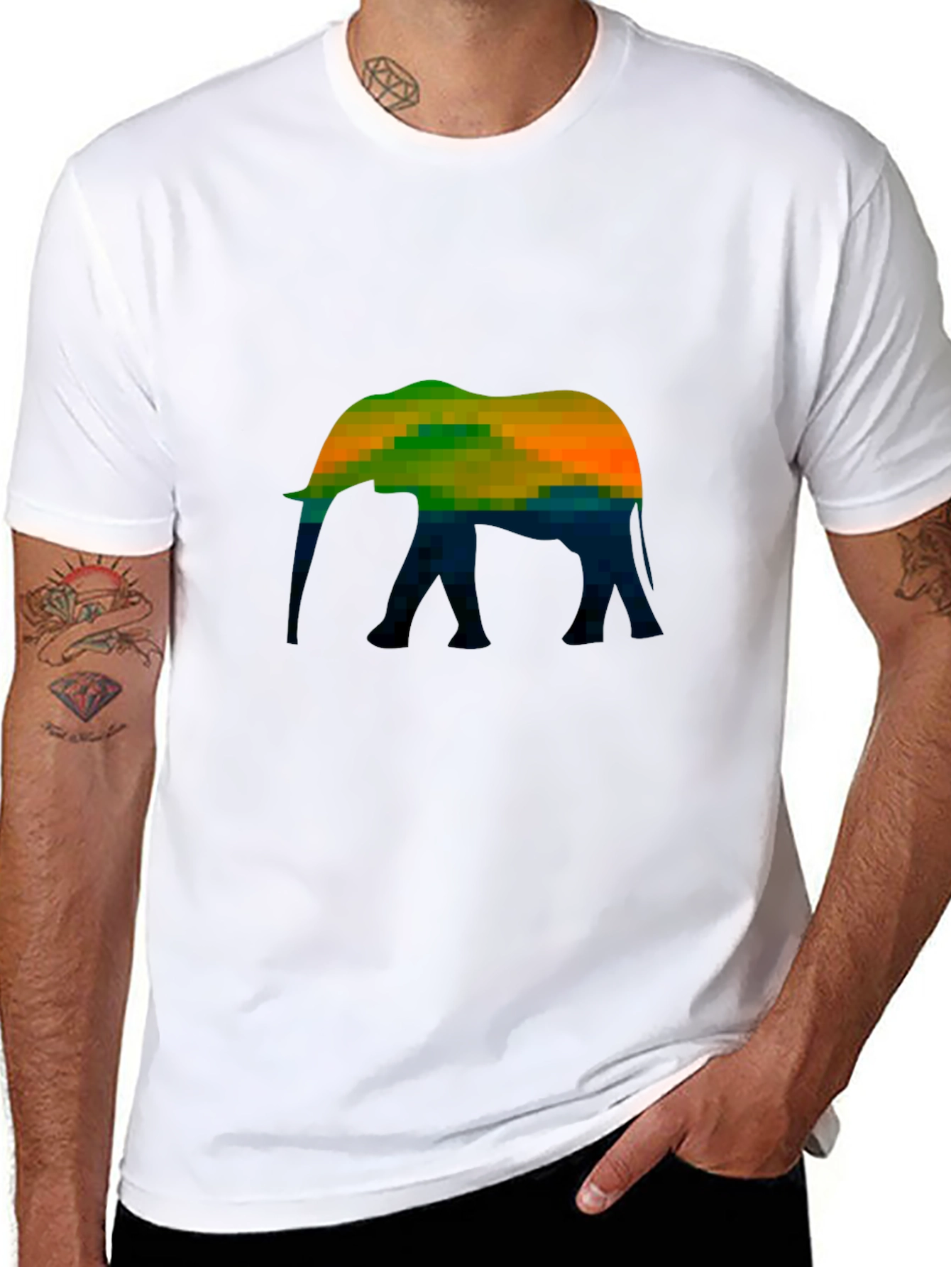 Pixelated Elephant Graphic Tee - Black Cotton Casual T-Shirt