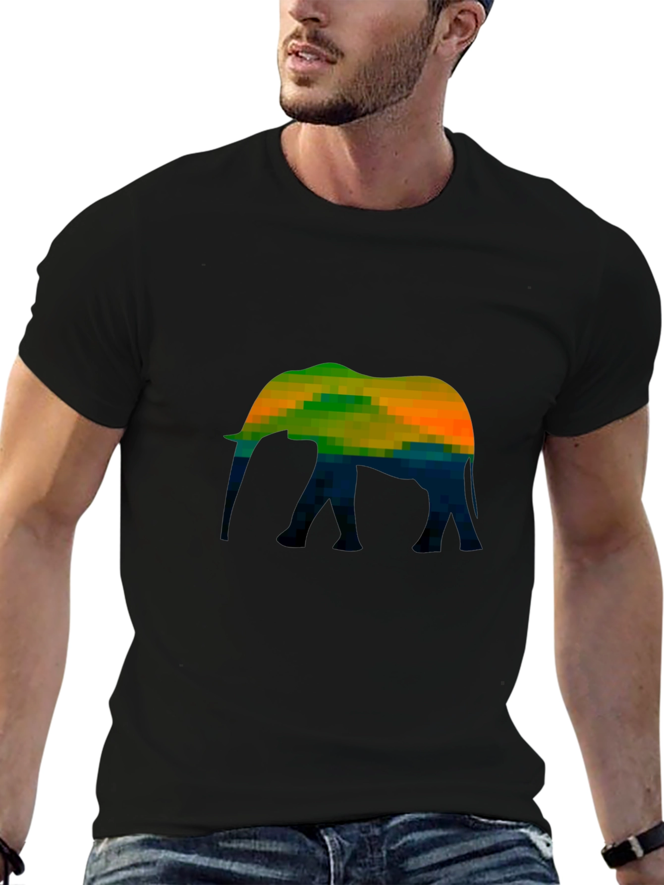 Pixelated Elephant Graphic Tee - Black Cotton Casual T-Shirt