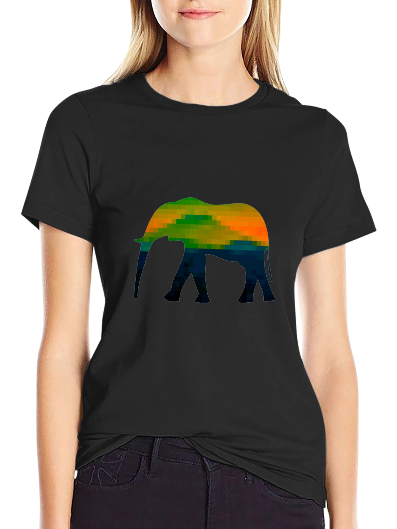 Pixelated Elephant Graphic Tee - Black Cotton Casual T-Shirt