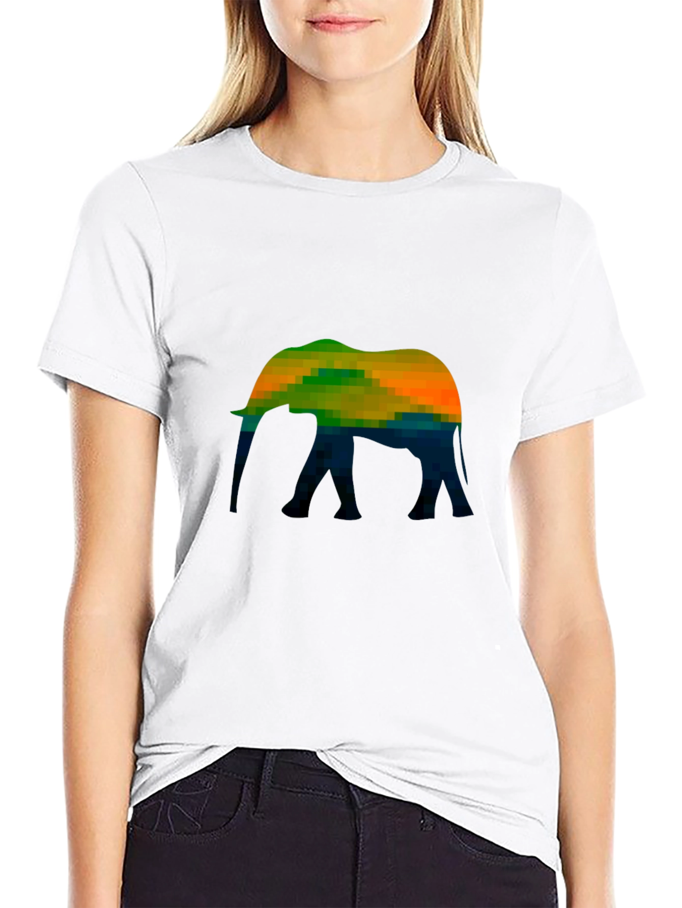 Pixelated Elephant Graphic Tee - Black Cotton Casual T-Shirt