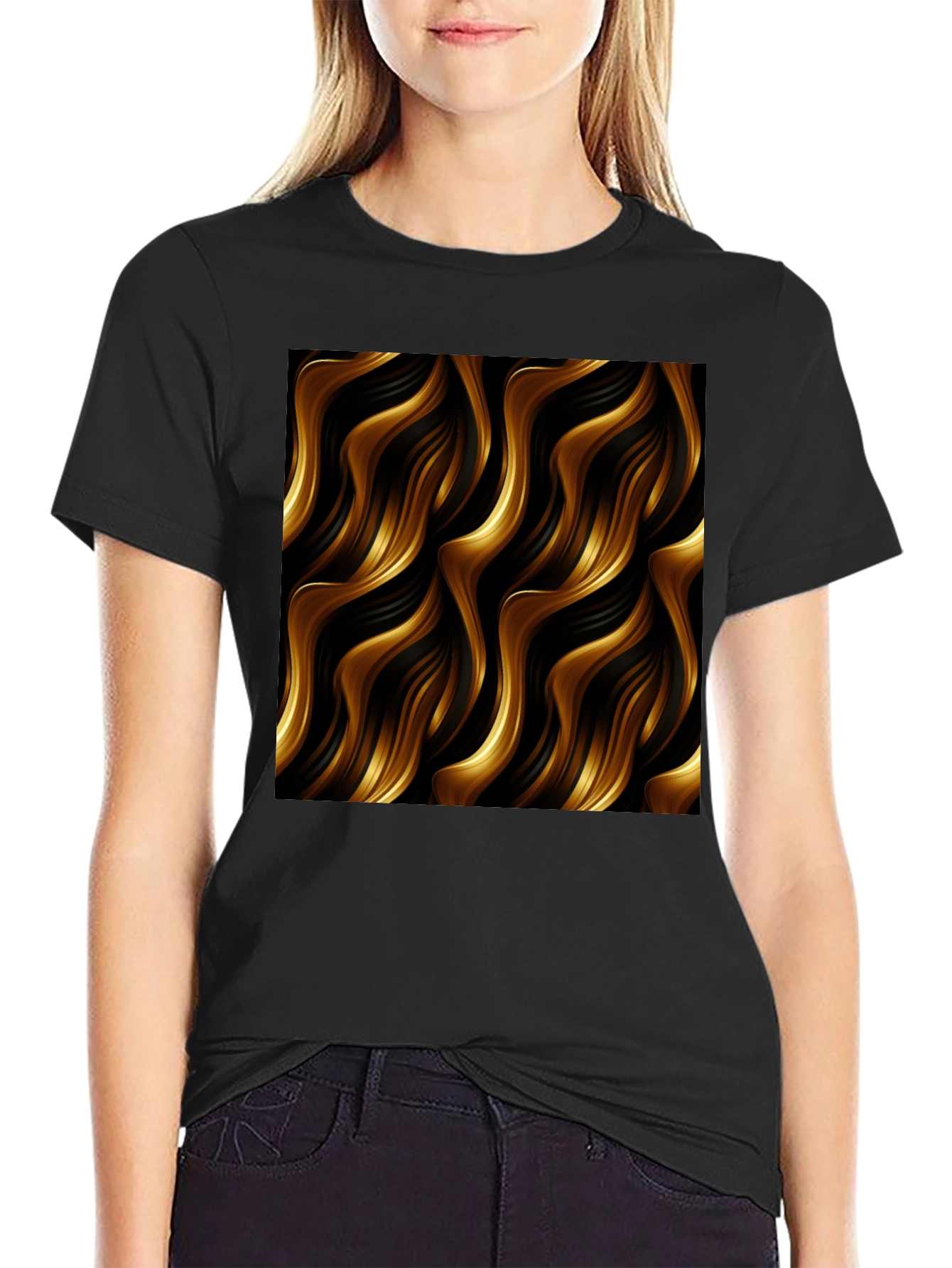Stylish Black Tee with Abstract Gold Wave Design