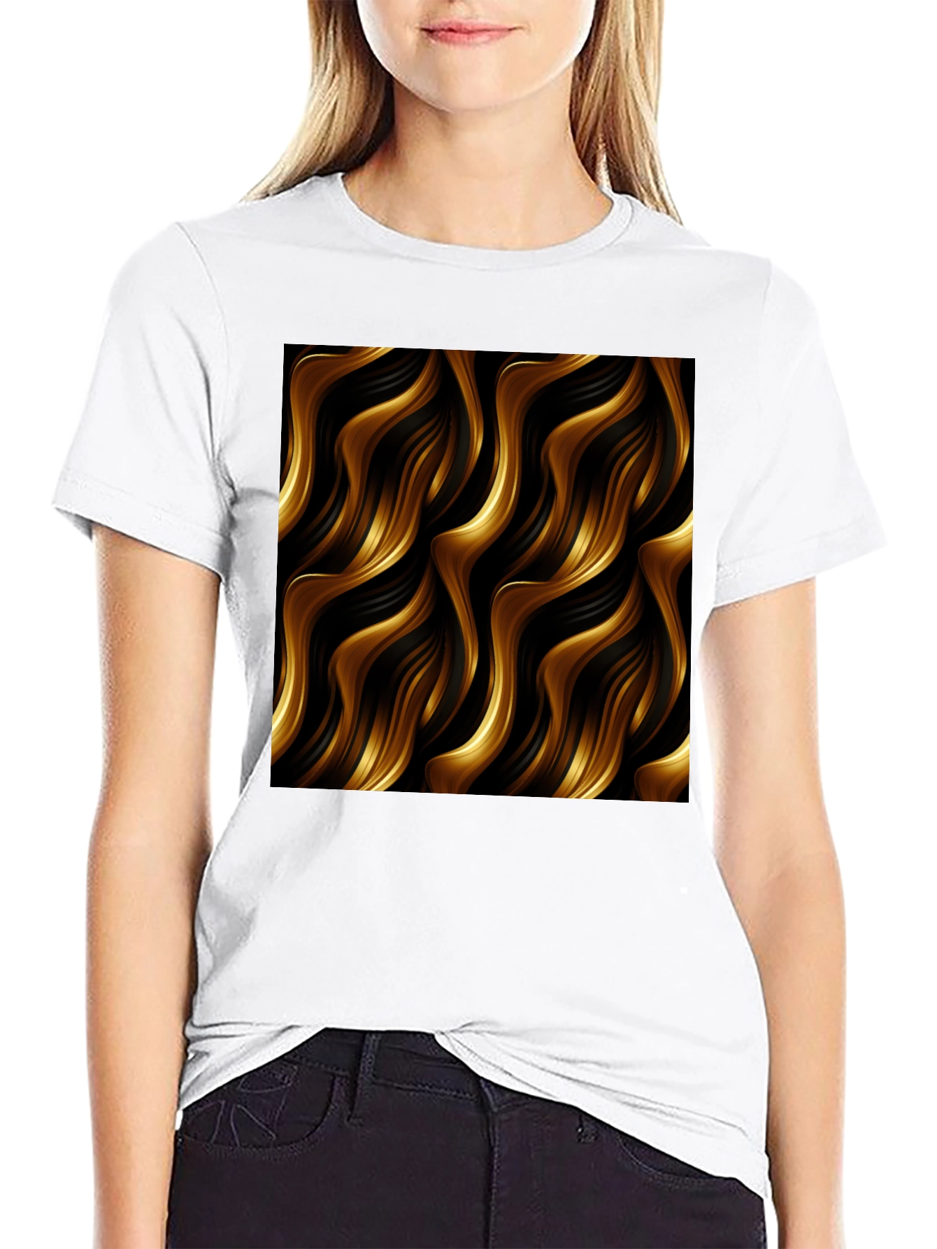 Stylish Black Tee with Abstract Gold Wave Design