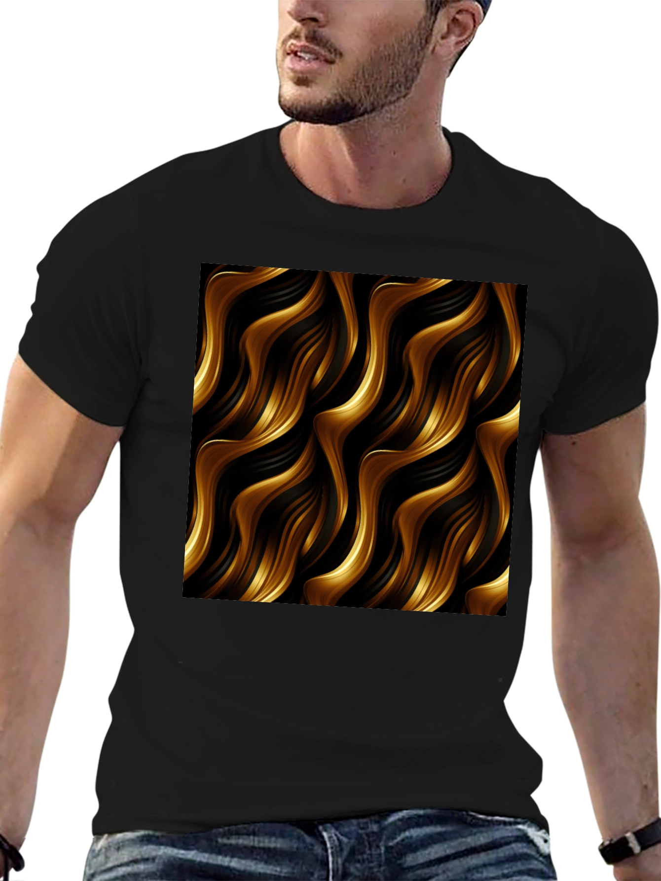 Stylish Black Tee with Abstract Gold Wave Design