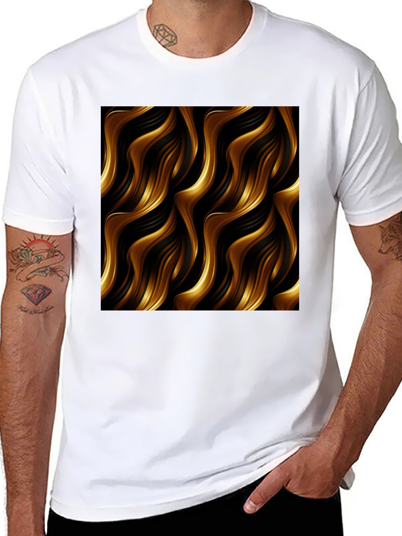 Stylish Black Tee with Abstract Gold Wave Design