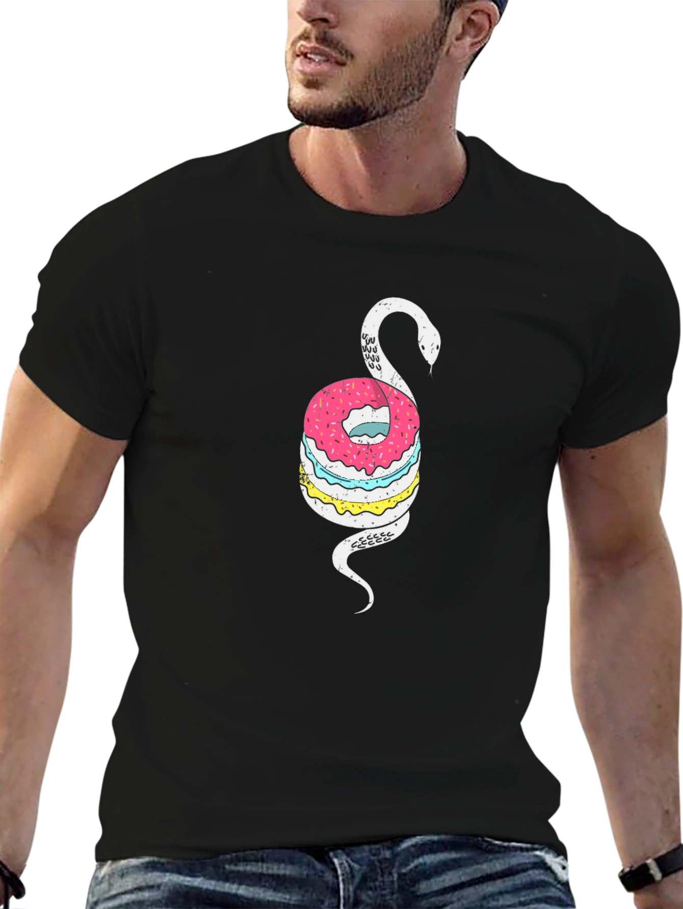 Donut Snake Graphic Tee - Quirky Black T-Shirt