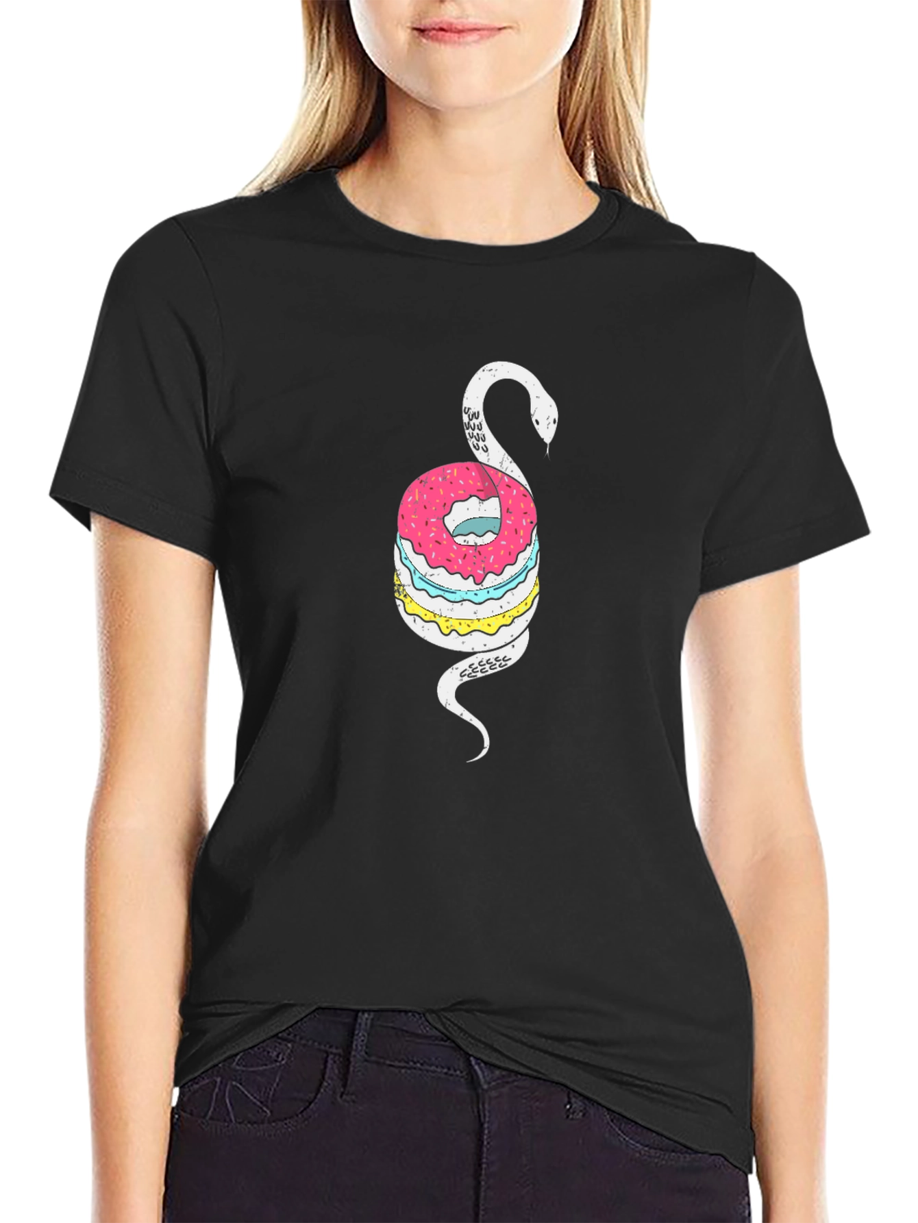 Donut Snake Graphic Tee - Quirky Black T-Shirt