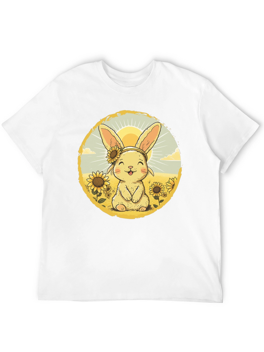 Cute Bunny & Sunflower Graphic Tee - Unisex Black T-Shirt