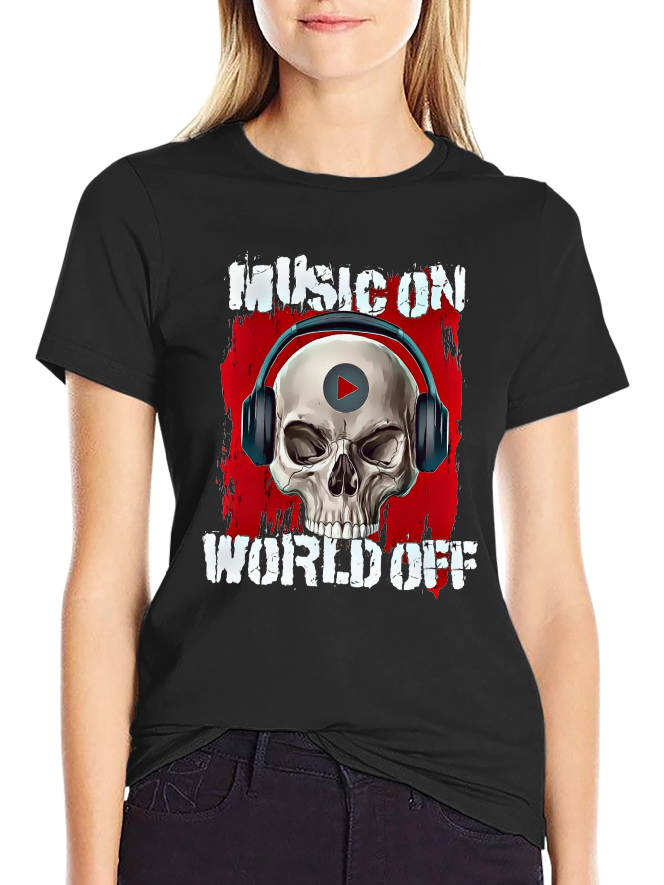 Music On World Off Skull Graphic T-Shirt