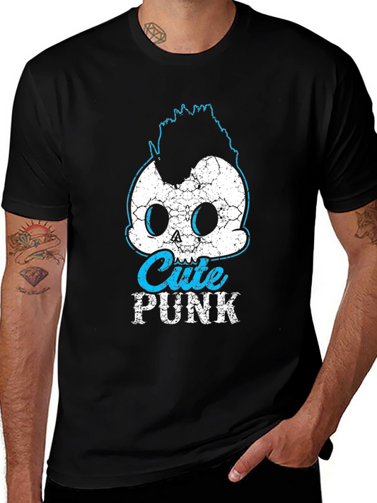 Cute Punk Skull Graphic Tee - Black Cotton T-Shirt