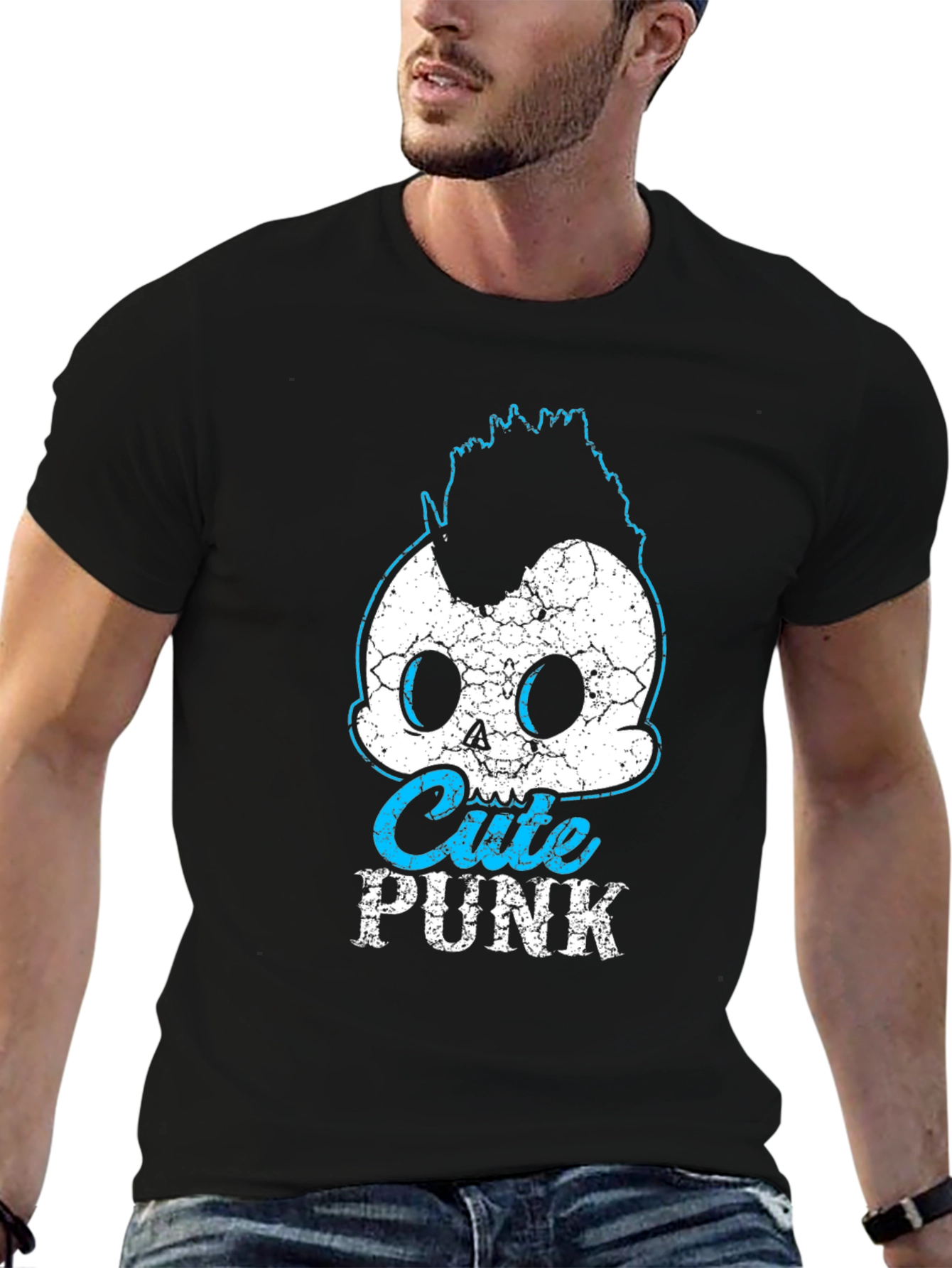 Cute Punk Skull Graphic Tee - Black Cotton T-Shirt