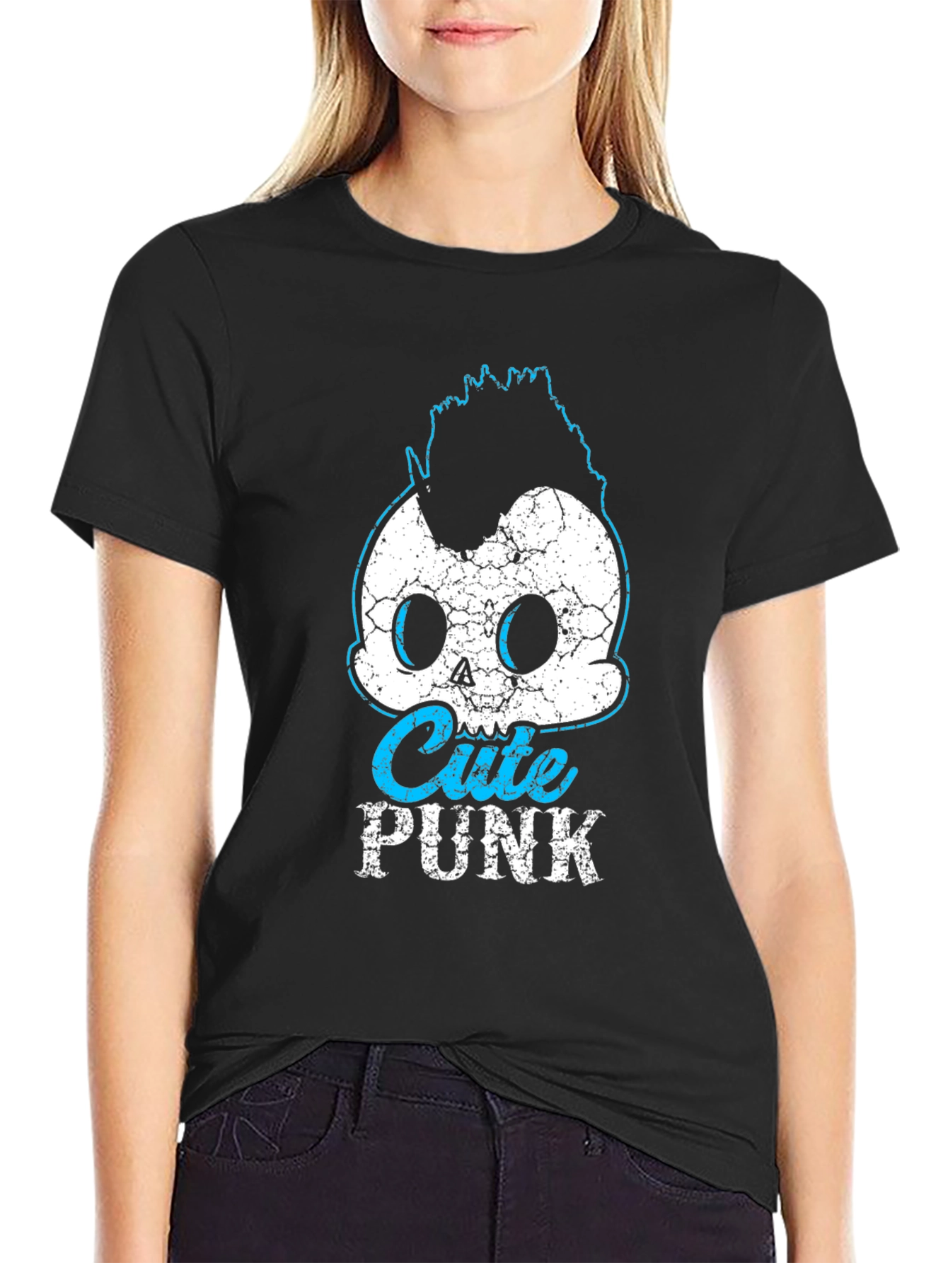 Cute Punk Skull Graphic Tee - Black Cotton T-Shirt
