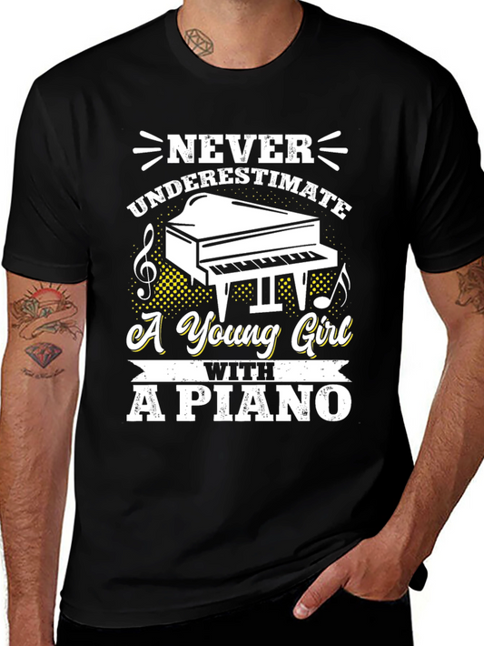 Never Underestimate a Girl with a Piano Black Graphic Tee