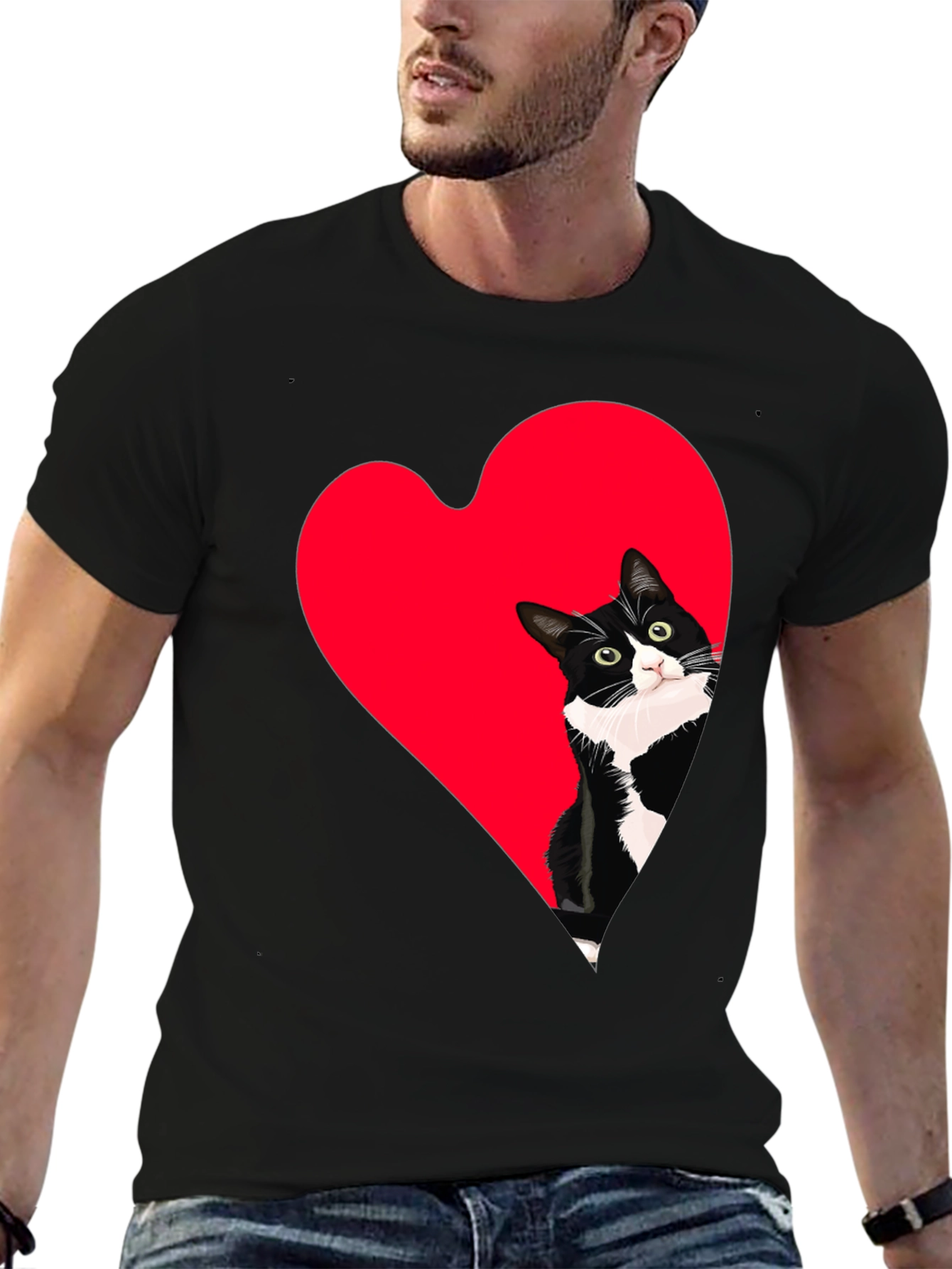 Cat Heart Peek Black Tee - Cute Graphic Shirt
