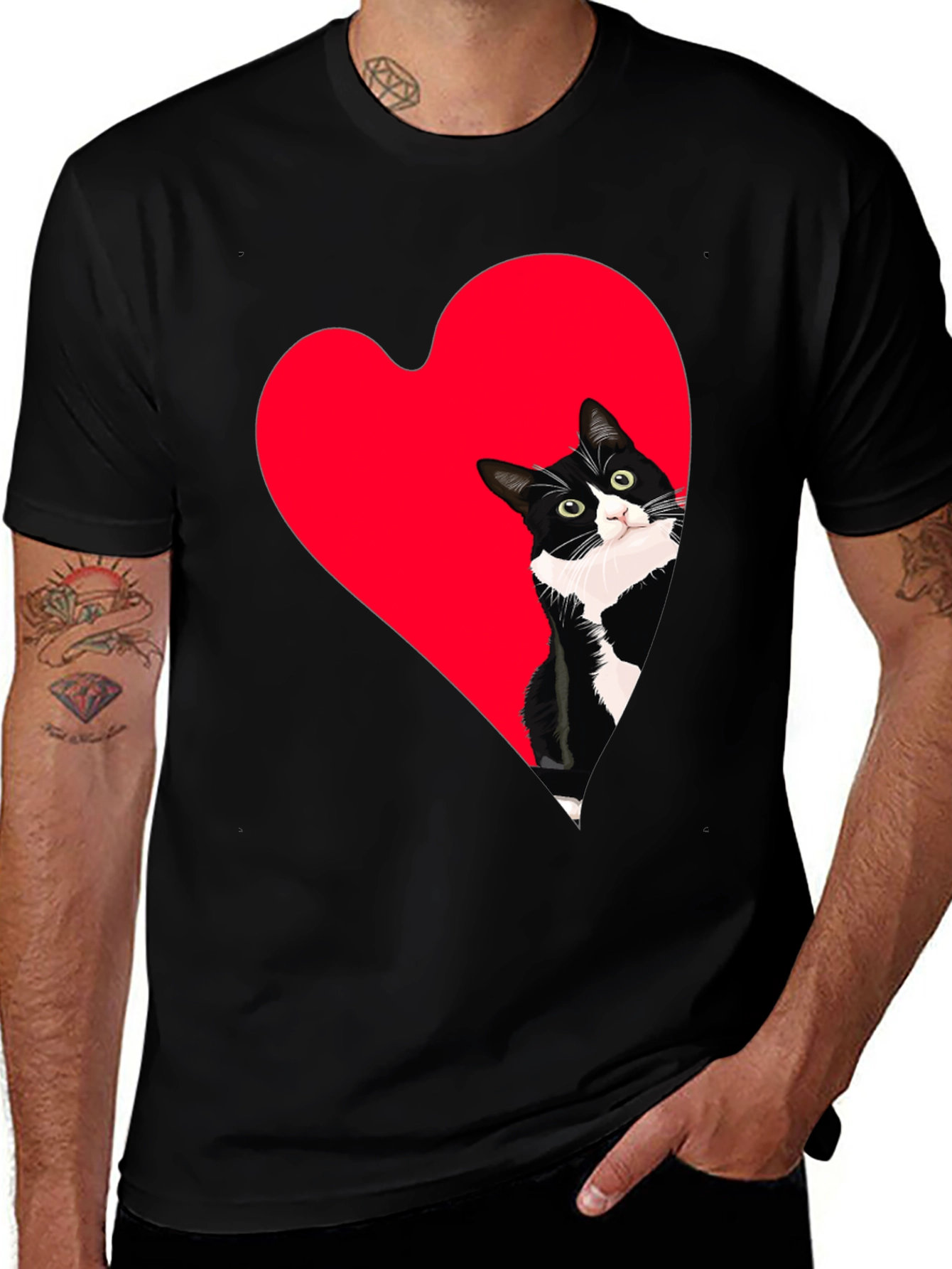 Cat Heart Peek Black Tee - Cute Graphic Shirt