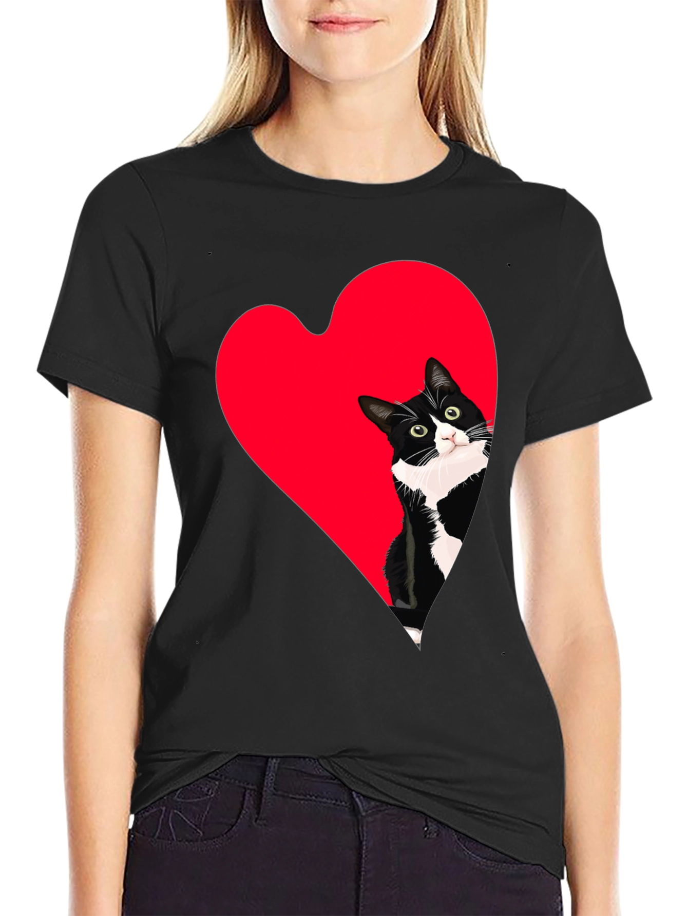 Cat Heart Peek Black Tee - Cute Graphic Shirt