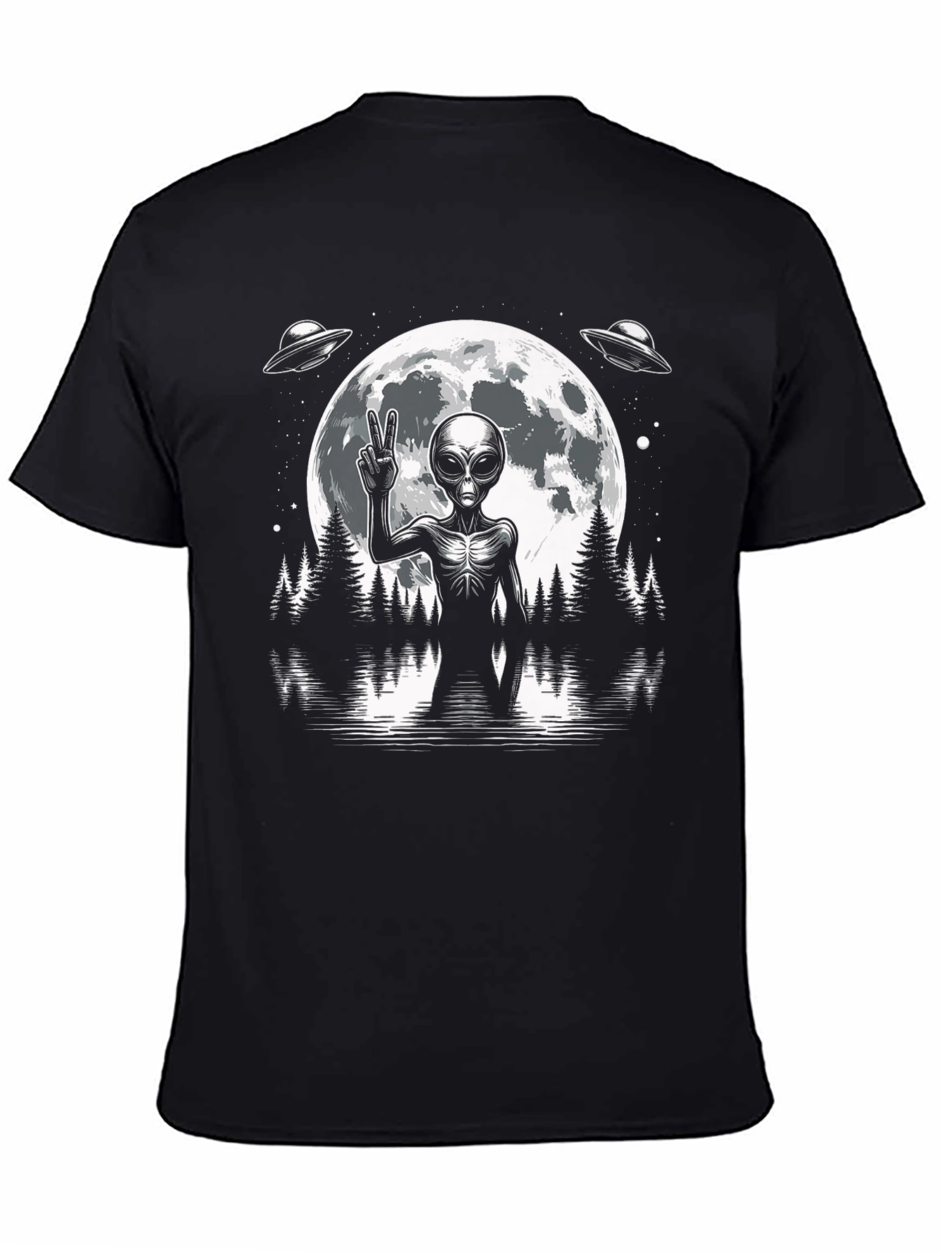 Alien Peace Sign Graphic T-Shirt - Black