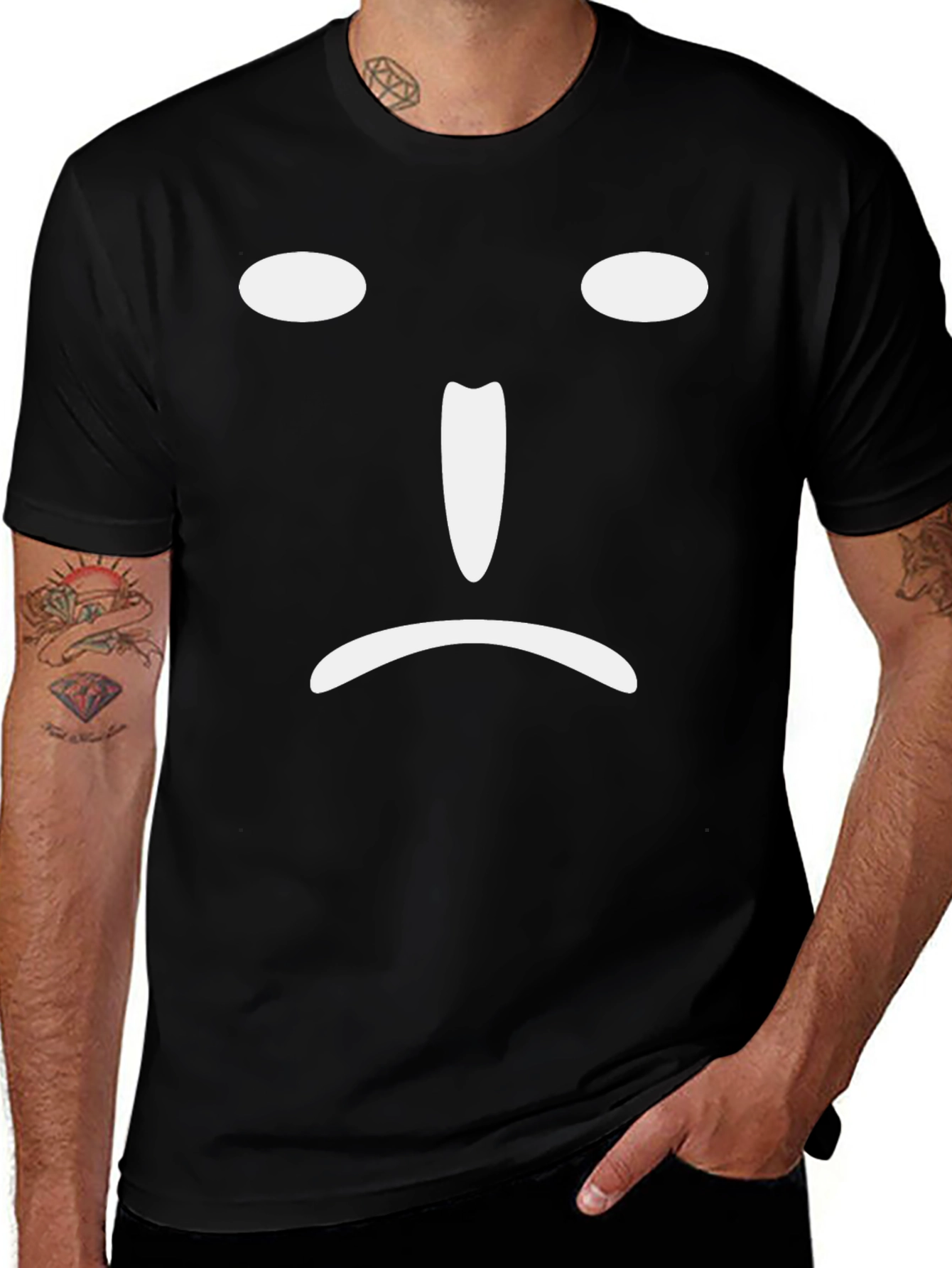 Sad Face Graphic Tee - Black Cotton Blend T-Shirt