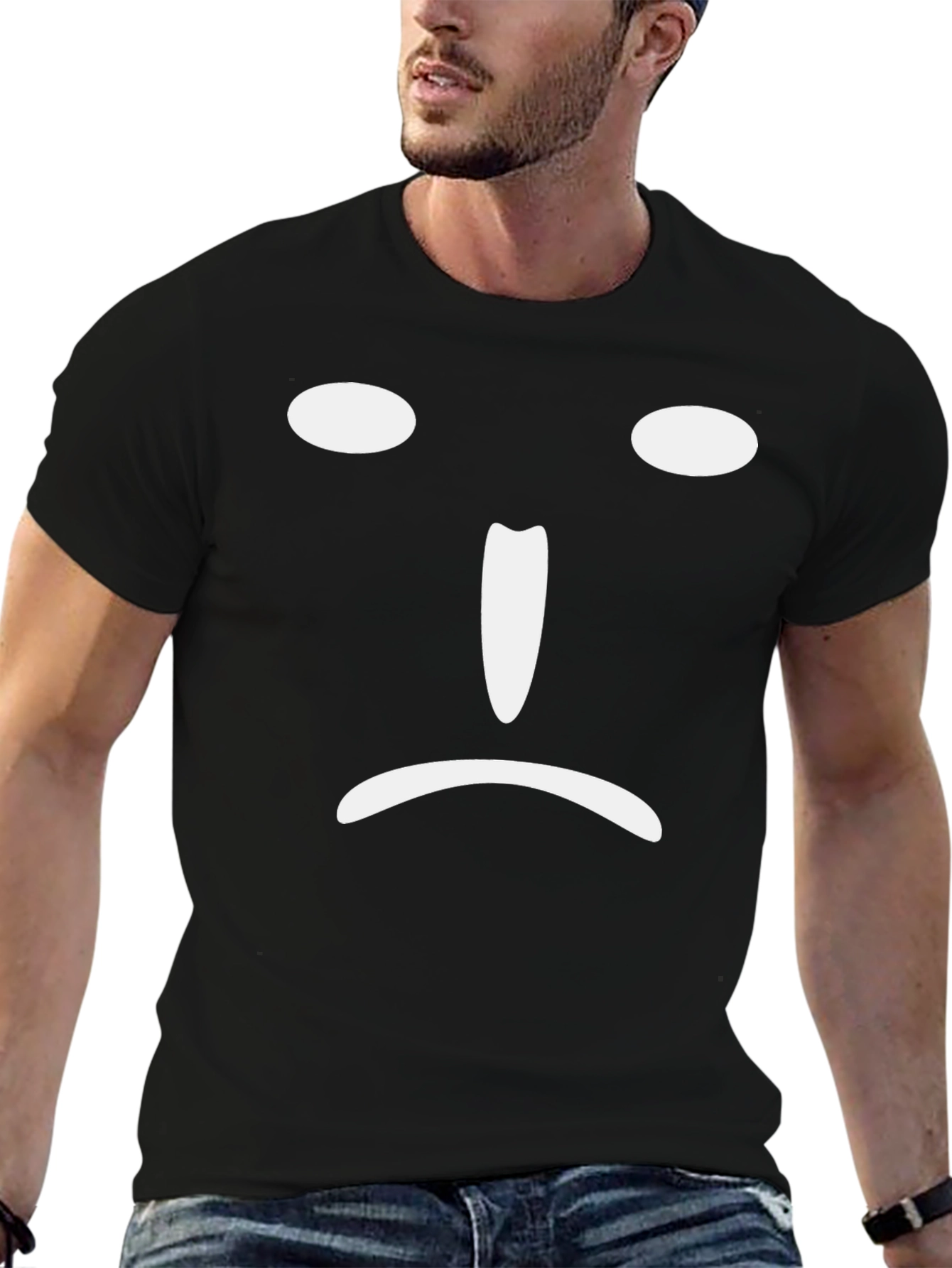 Sad Face Graphic Tee - Black Cotton Blend T-Shirt