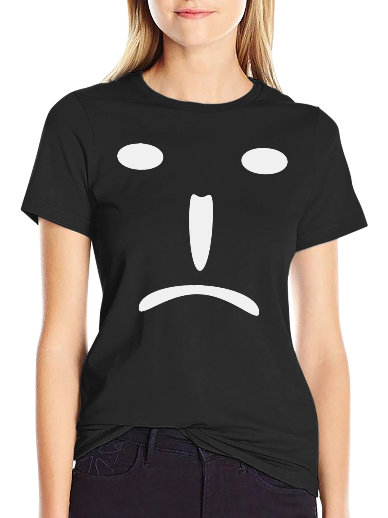Sad Face Graphic Tee - Black Cotton Blend T-Shirt