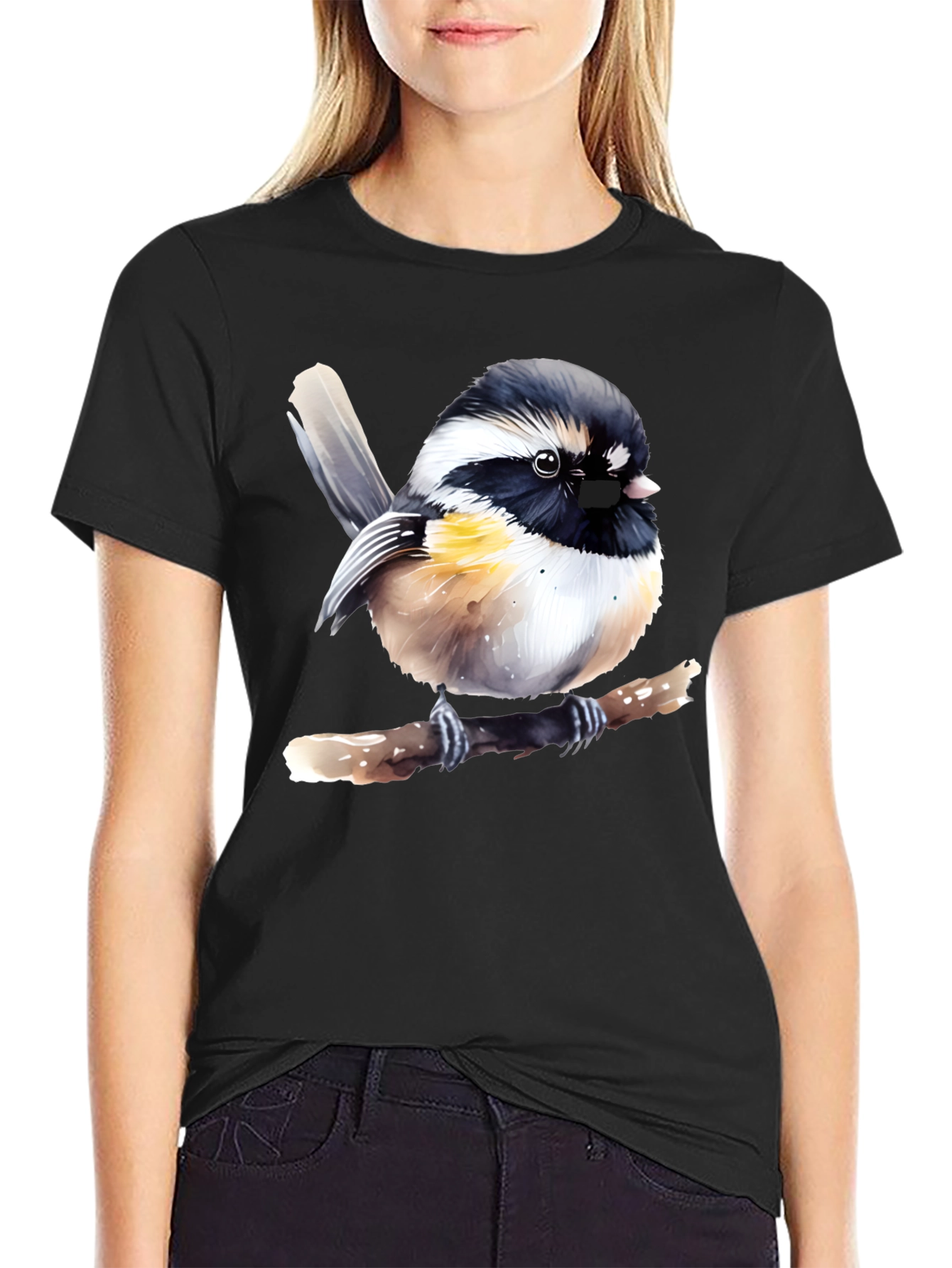 Chickadee Bird Graphic Print Black T-Shirt