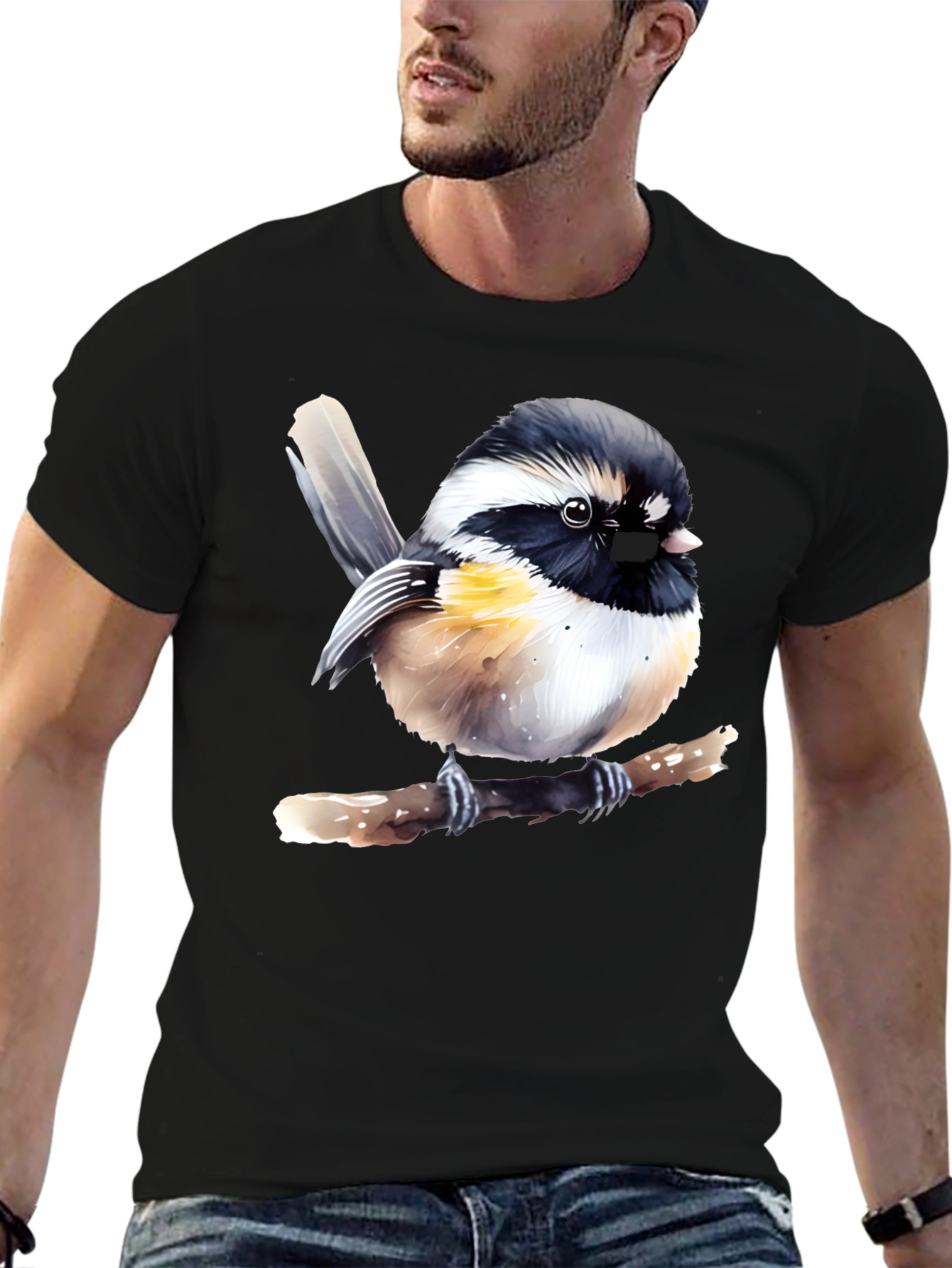 Chickadee Bird Graphic Print Black T-Shirt