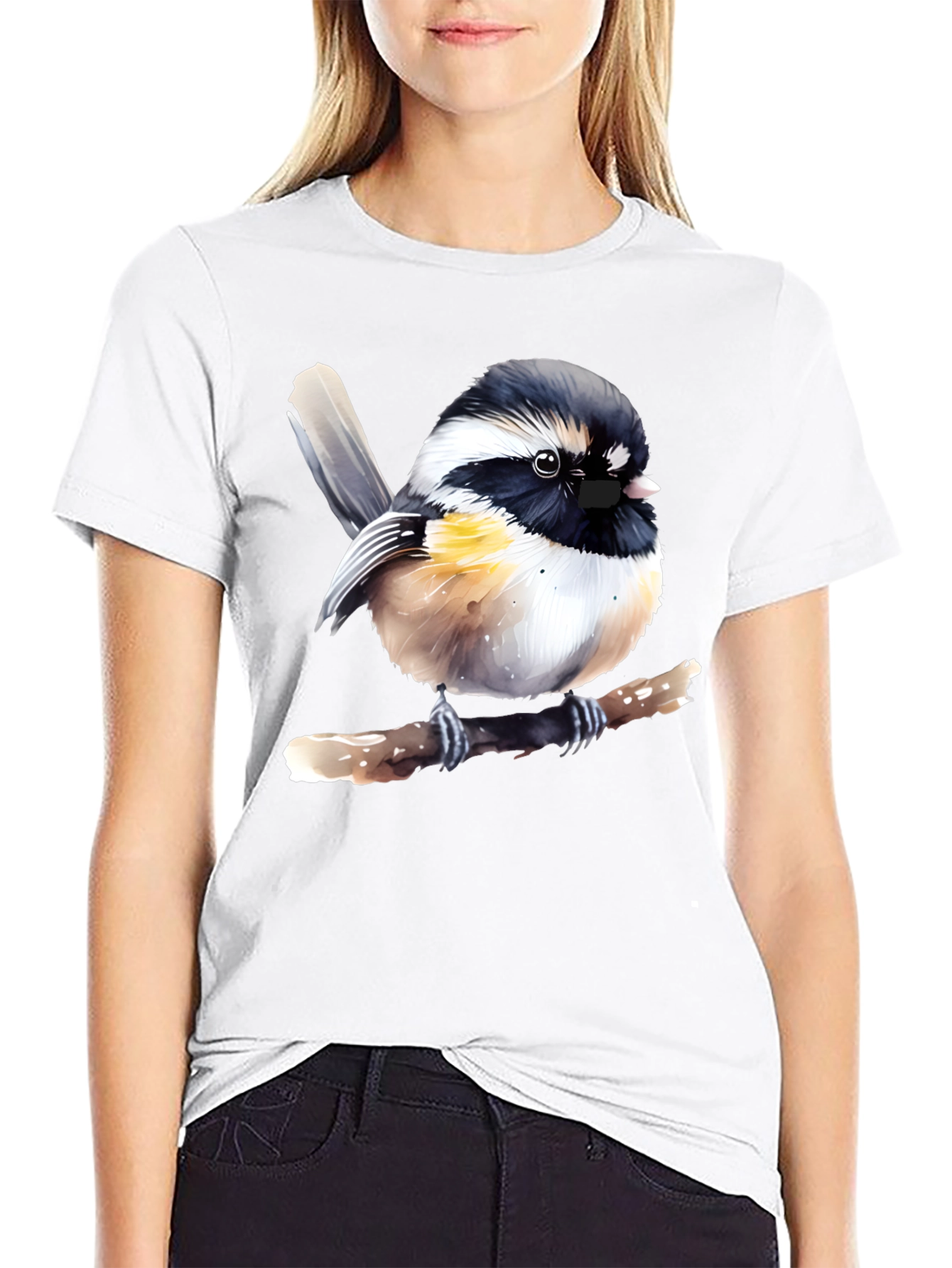 Chickadee Bird Graphic Print Black T-Shirt