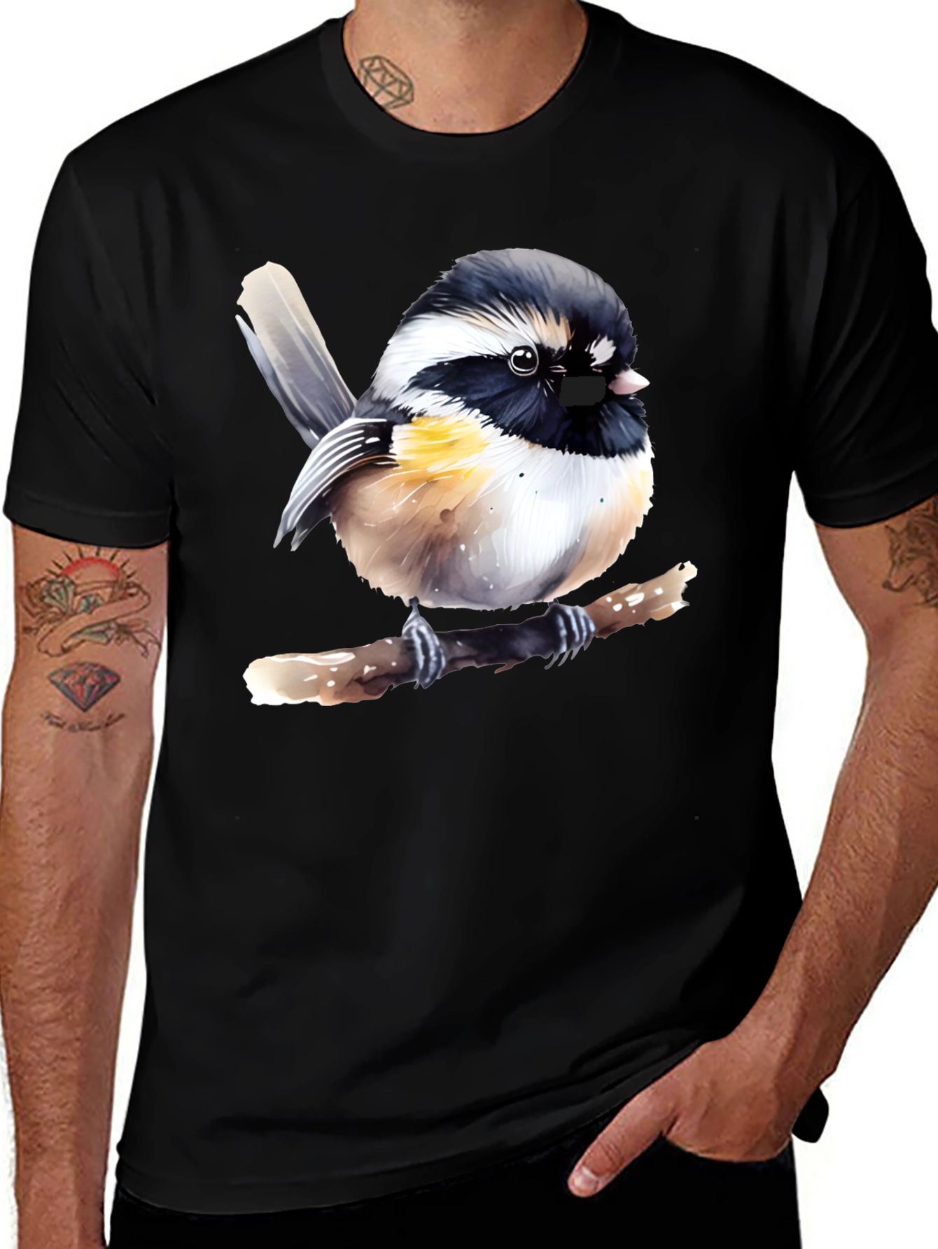 Chickadee Bird Graphic Print Black T-Shirt