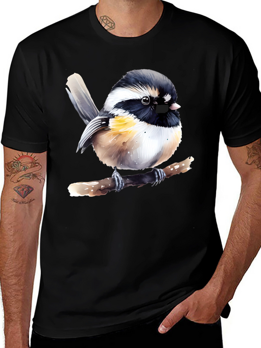 Chickadee Bird Graphic Print Black T-Shirt