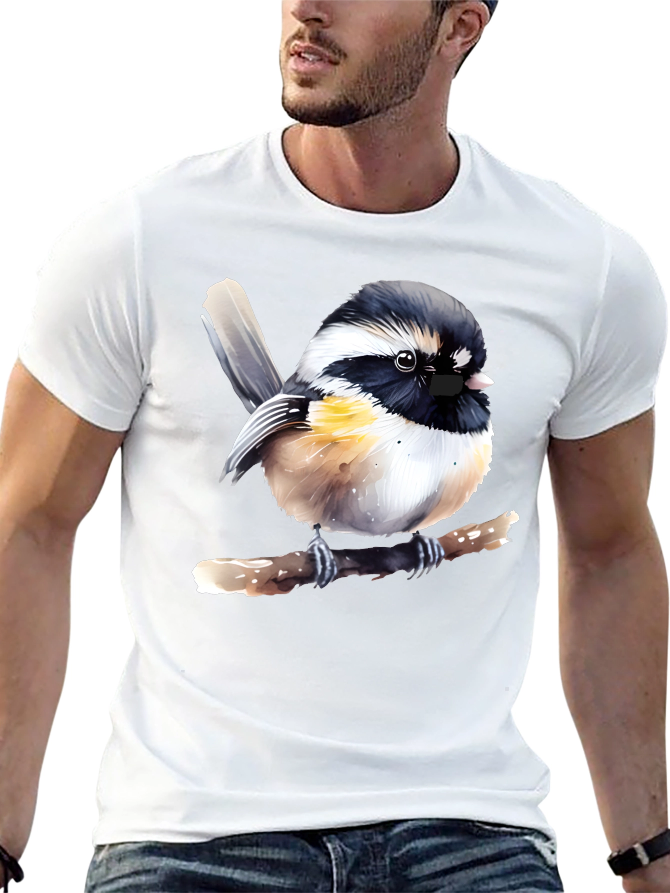 Chickadee Bird Graphic Print Black T-Shirt