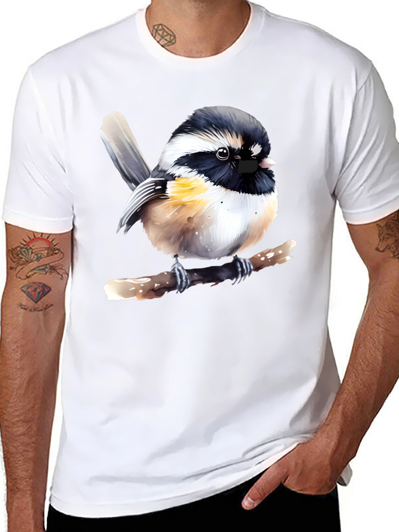 Chickadee Bird Graphic Print Black T-Shirt