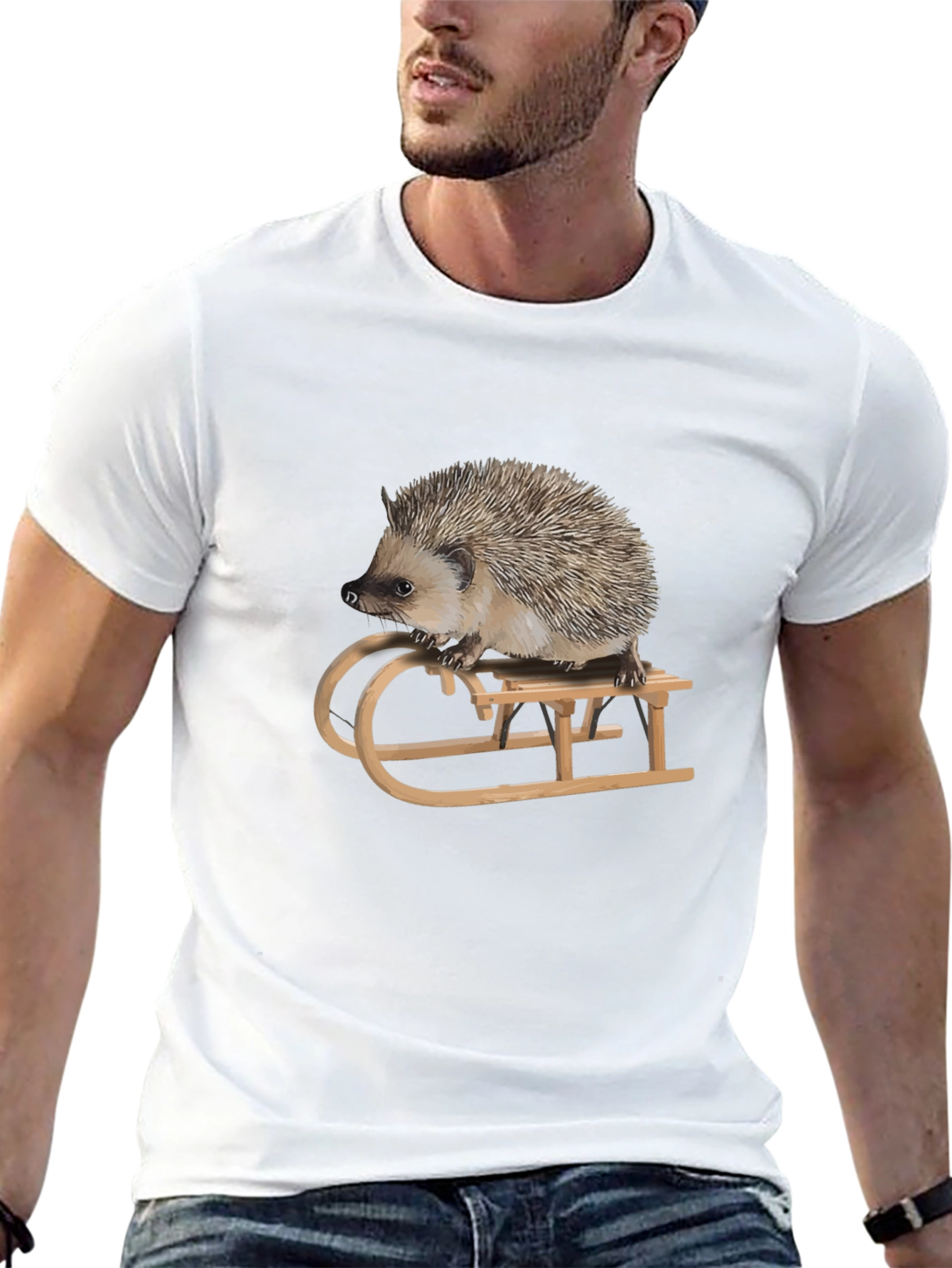 Hedgehog on Sled Graphic Tee -  Unique Animal T-Shirt