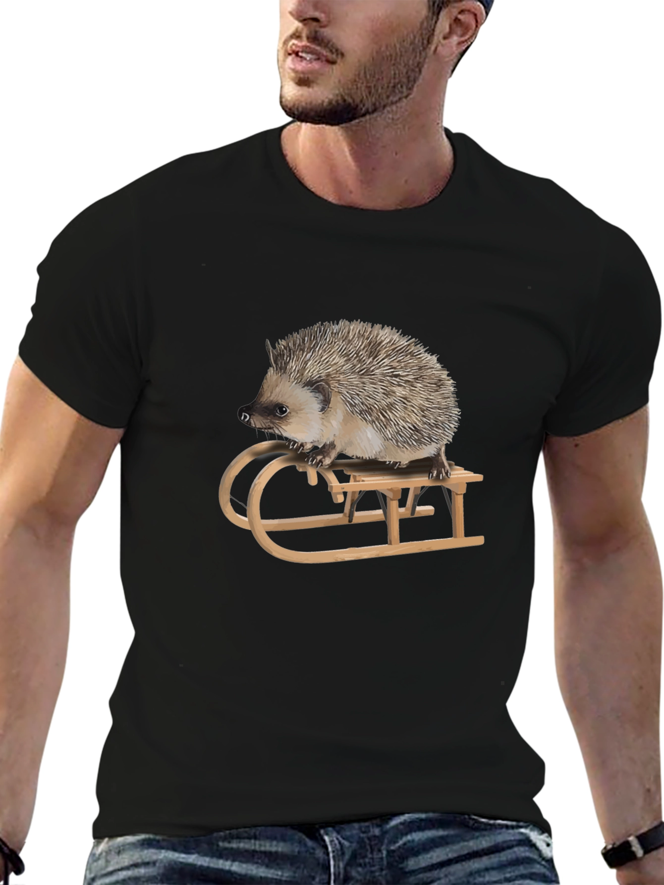 Hedgehog on Sled Graphic Tee -  Unique Animal T-Shirt