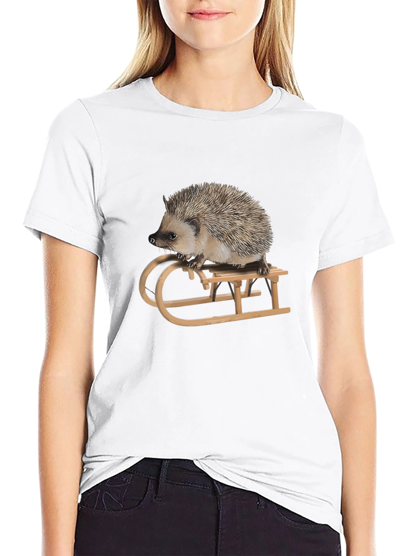 Hedgehog on Sled Graphic Tee -  Unique Animal T-Shirt