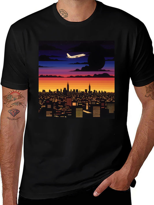 Cityscape Plane Graphic Tee - Retro Sunset Vibes