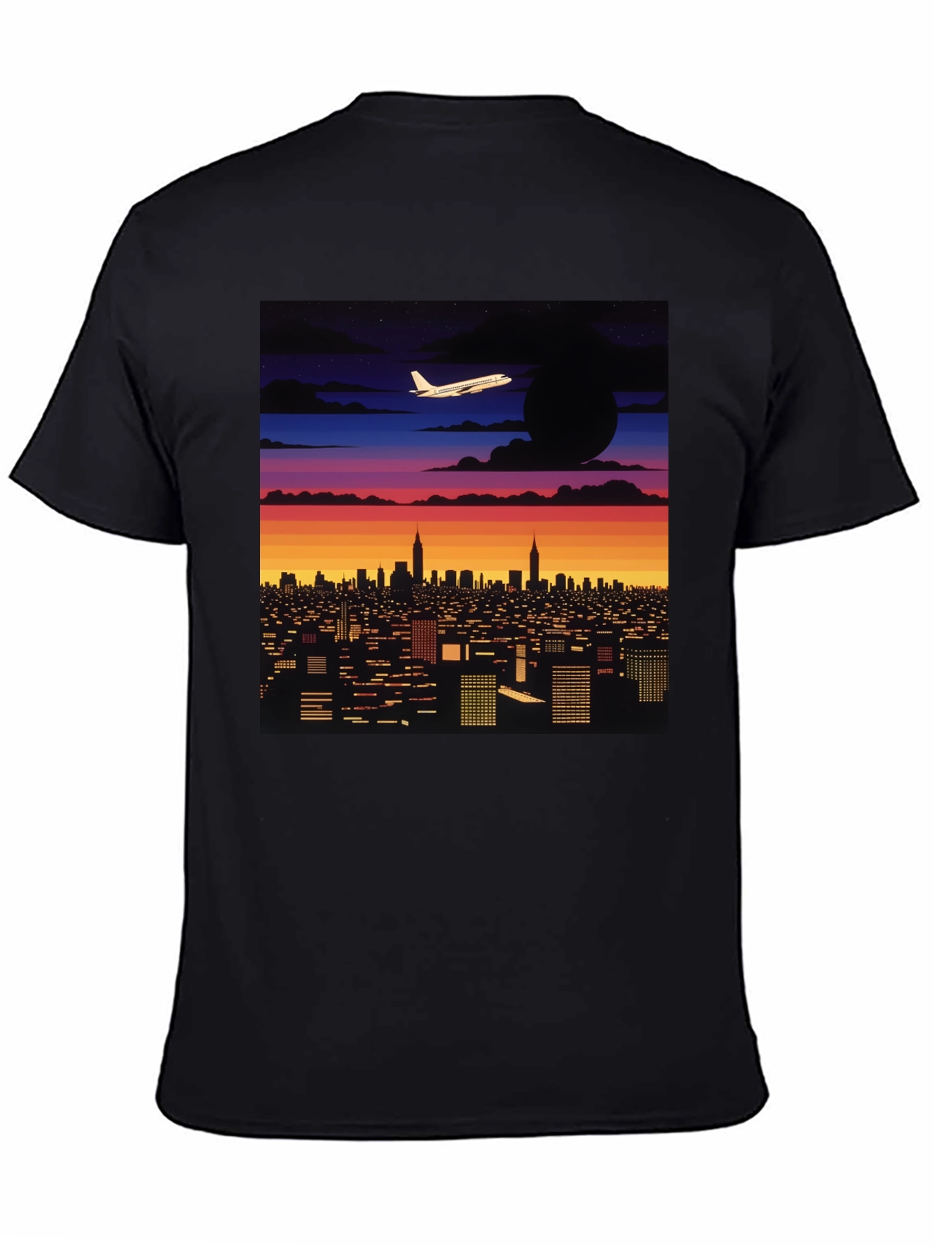 Cityscape Plane Graphic Tee - Retro Sunset Vibes
