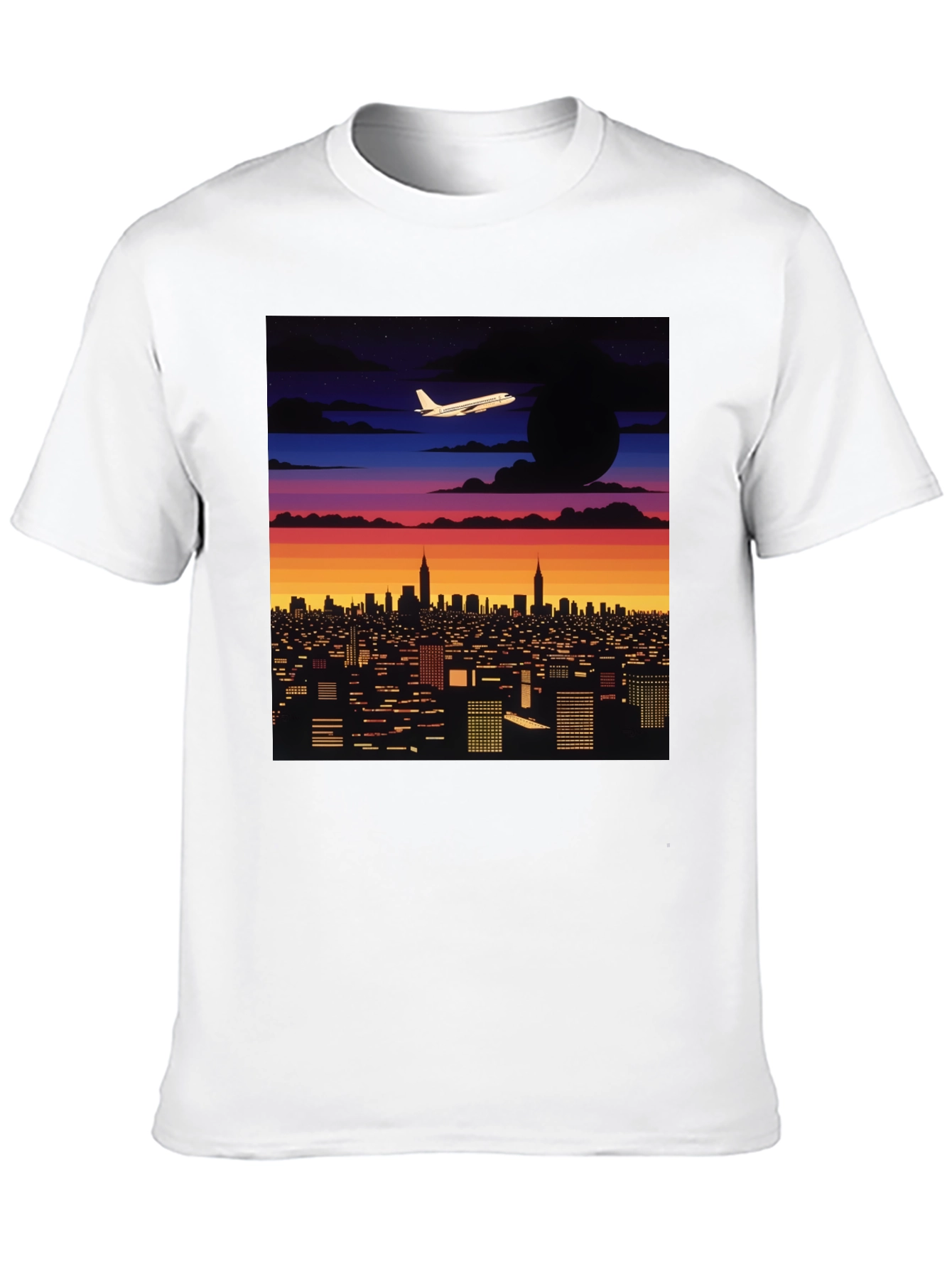 Cityscape Plane Graphic Tee - Retro Sunset Vibes