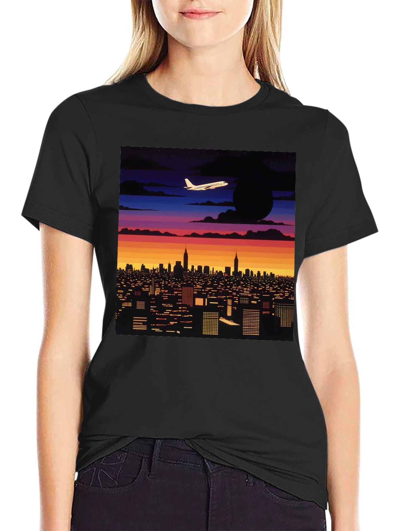 Cityscape Plane Graphic Tee - Retro Sunset Vibes