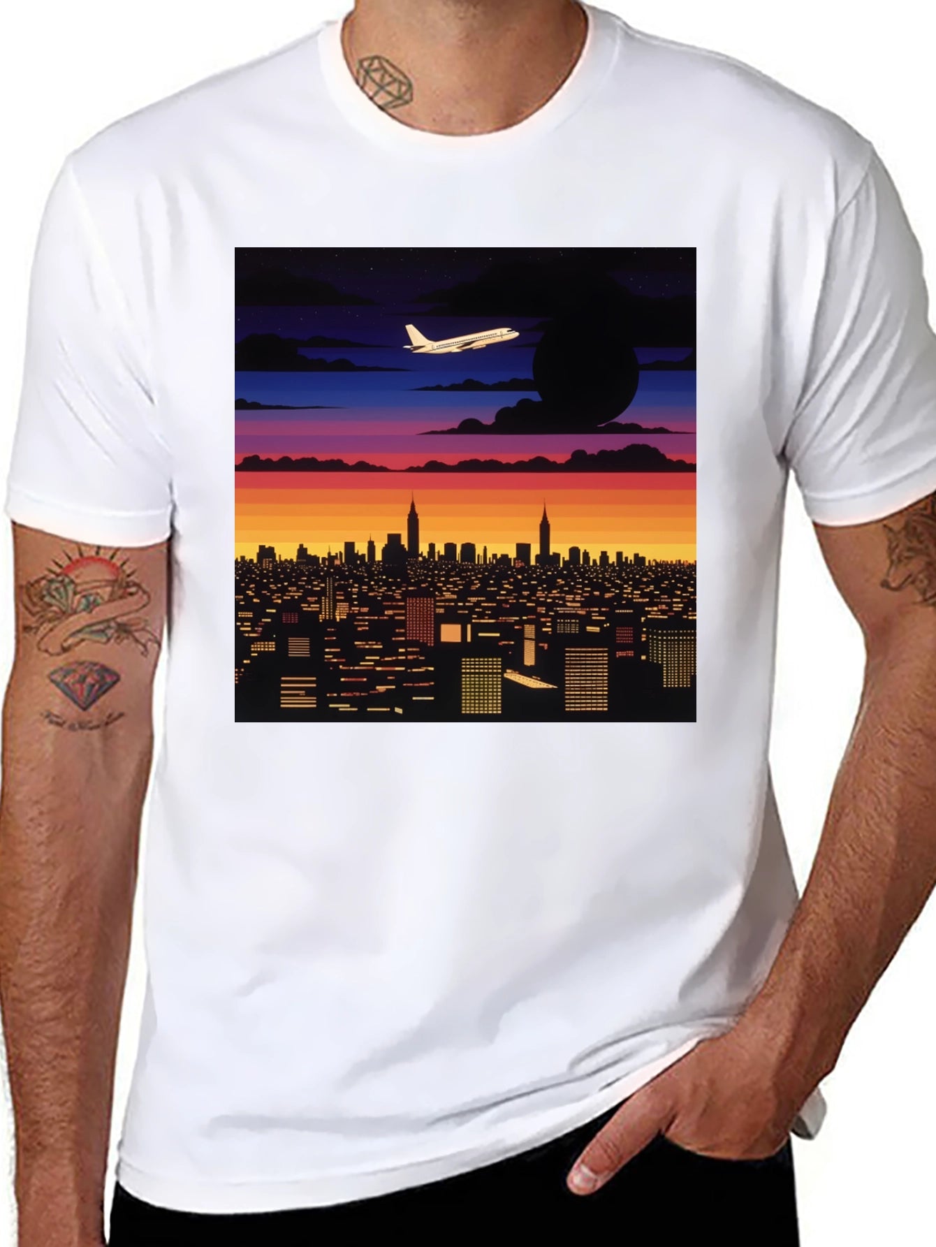 Cityscape Plane Graphic Tee - Retro Sunset Vibes
