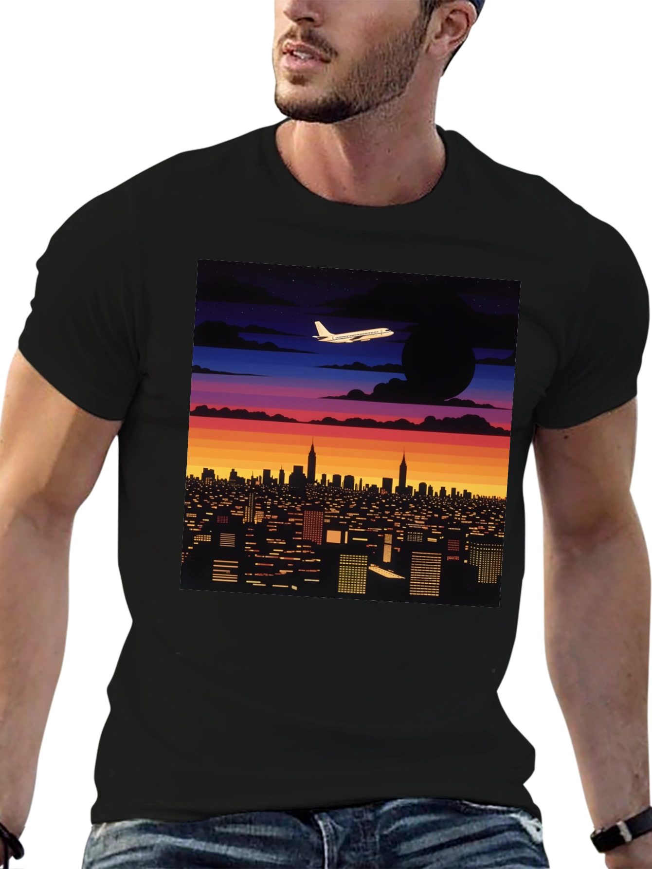 Cityscape Plane Graphic Tee - Retro Sunset Vibes