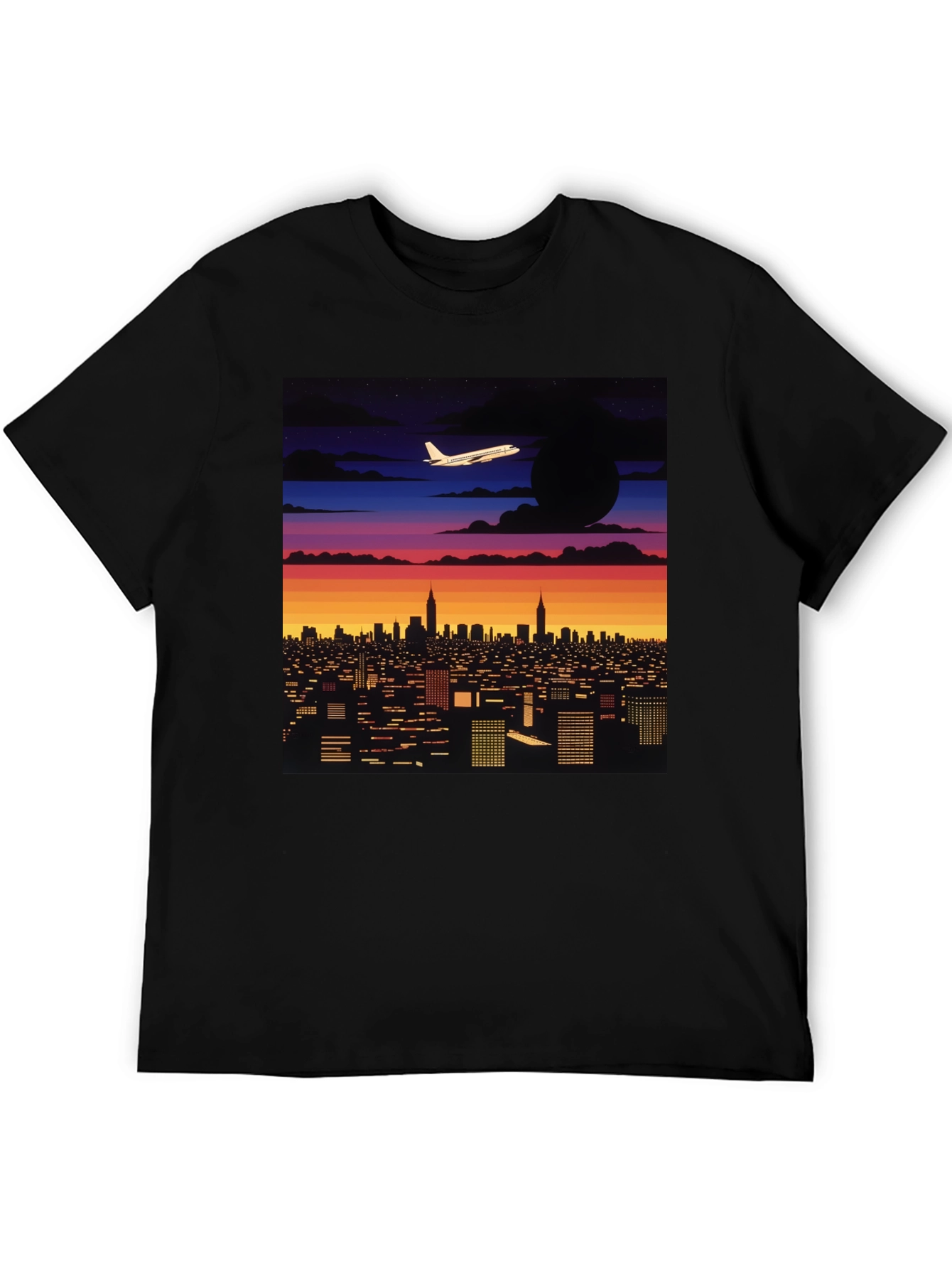 Cityscape Plane Graphic Tee - Retro Sunset Vibes