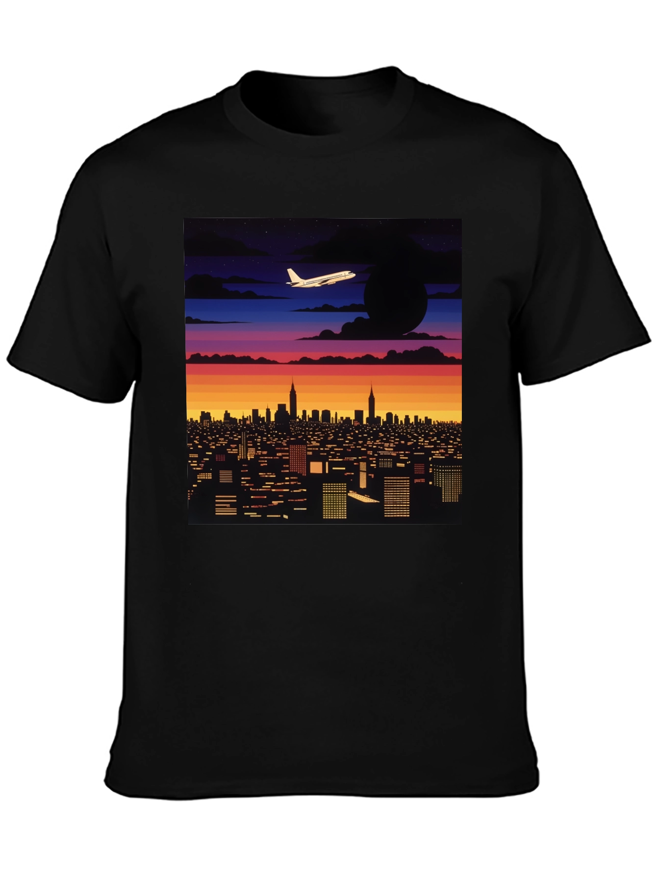 Cityscape Plane Graphic Tee - Retro Sunset Vibes