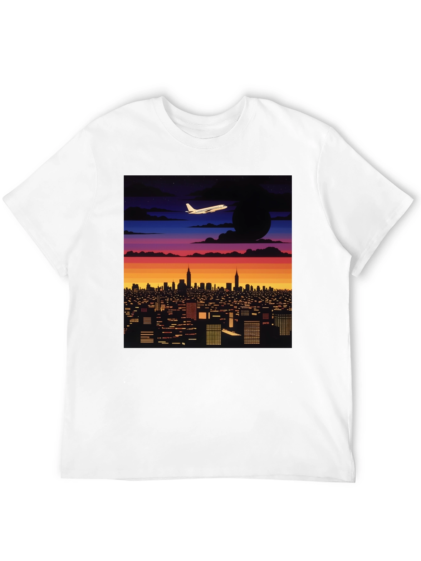 Cityscape Plane Graphic Tee - Retro Sunset Vibes