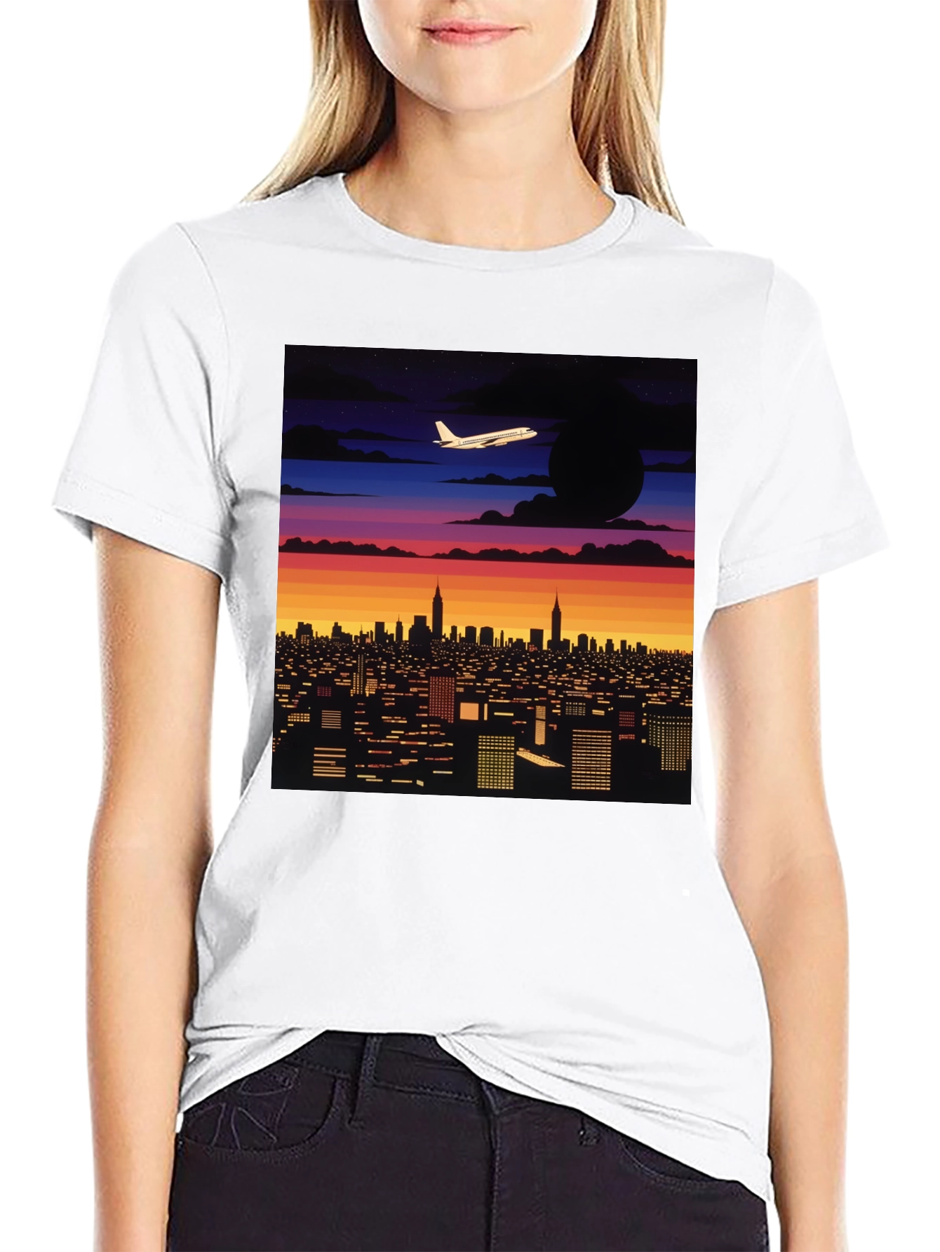 Cityscape Plane Graphic Tee - Retro Sunset Vibes