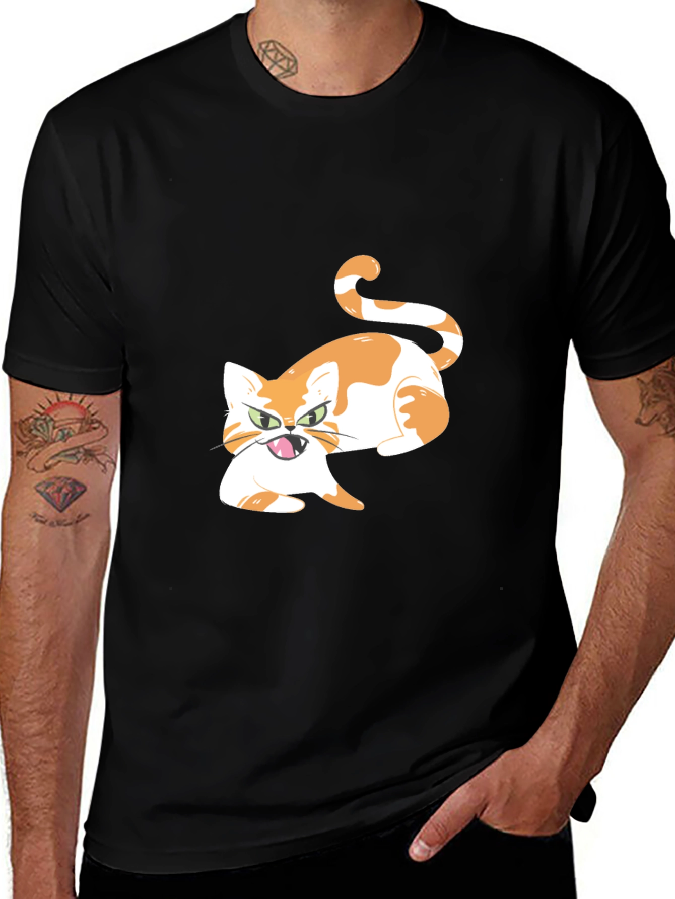 Cartoon Cat Graphic Tee - Black Cotton Blend