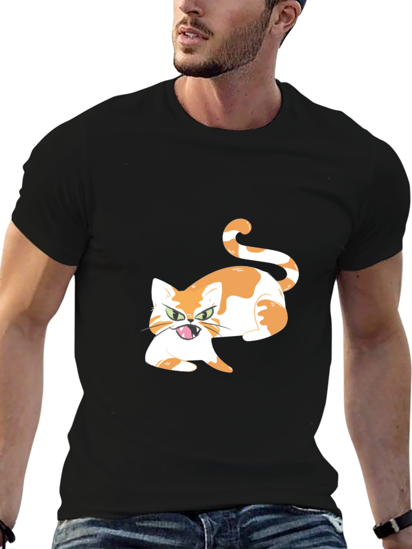 Cartoon Cat Graphic Tee - Black Cotton Blend