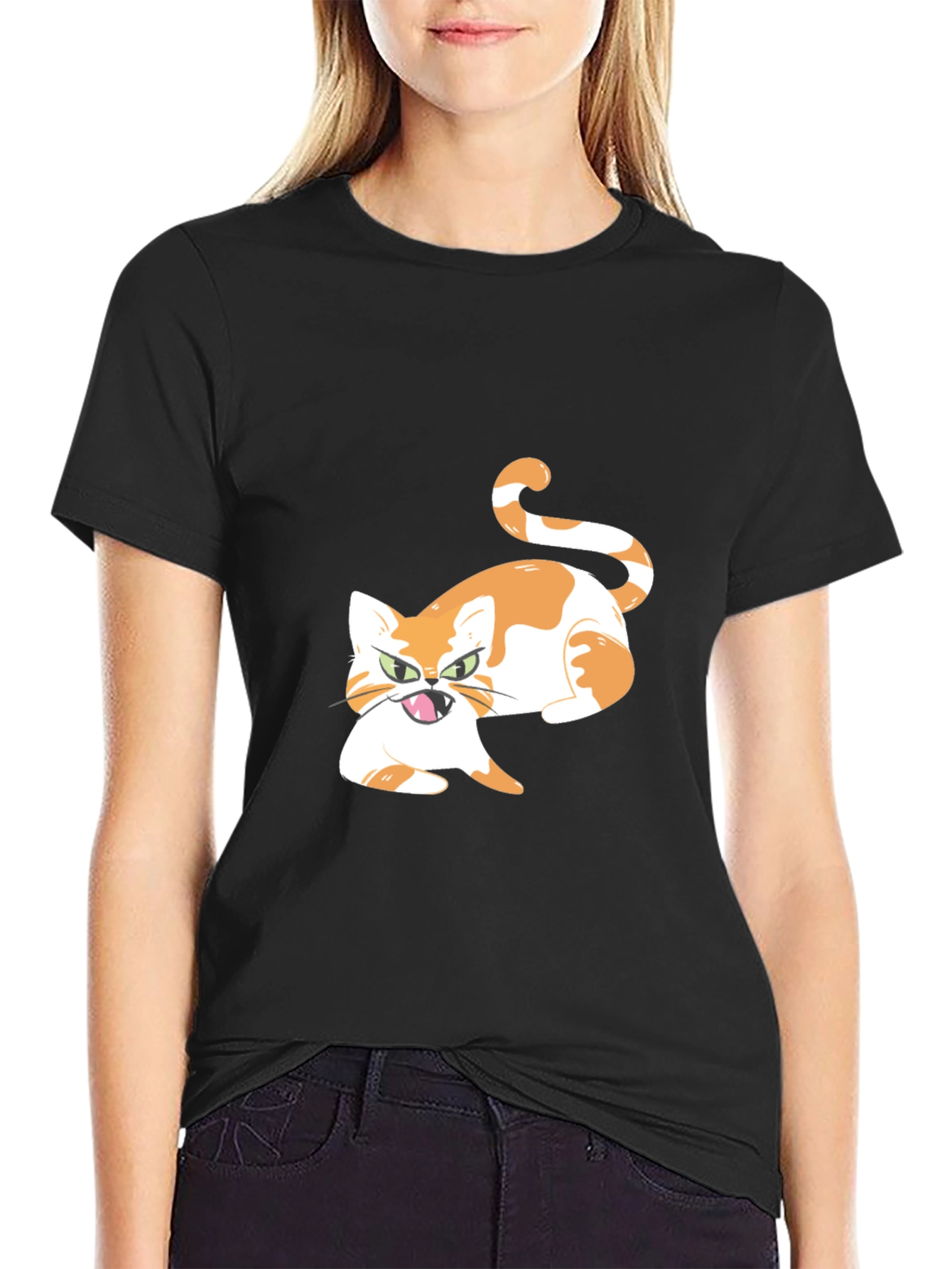 Cartoon Cat Graphic Tee - Black Cotton Blend