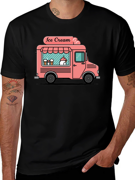 Retro Ice Cream Truck Graphic Tee - Black Cotton T-Shirt